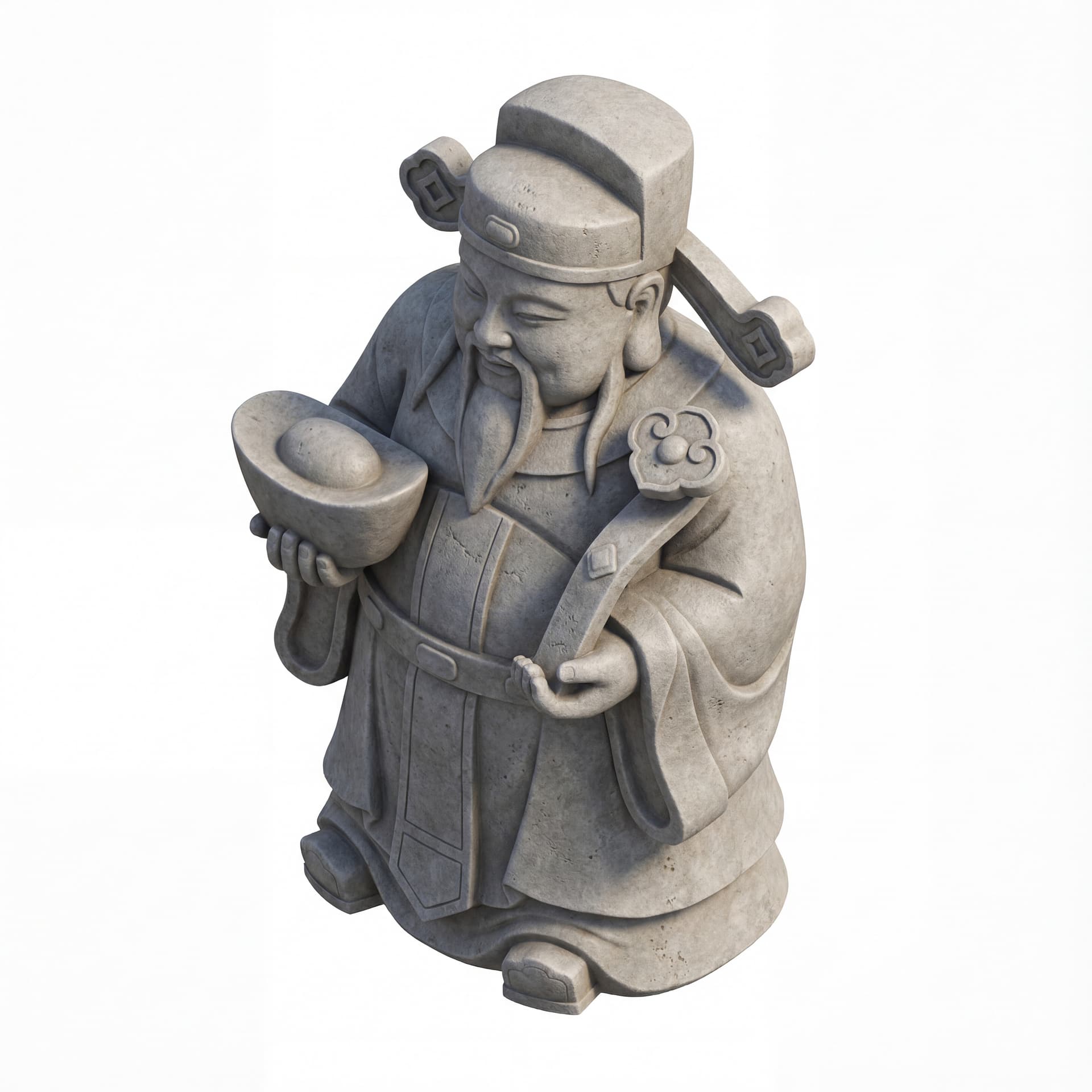 A valiant God of Wealth statue-style illustration, stone-carved appearance, rigid posture, calm powerful expression, traditional ceremonial attire simplified into strong geometric forms, isolated on a white background.