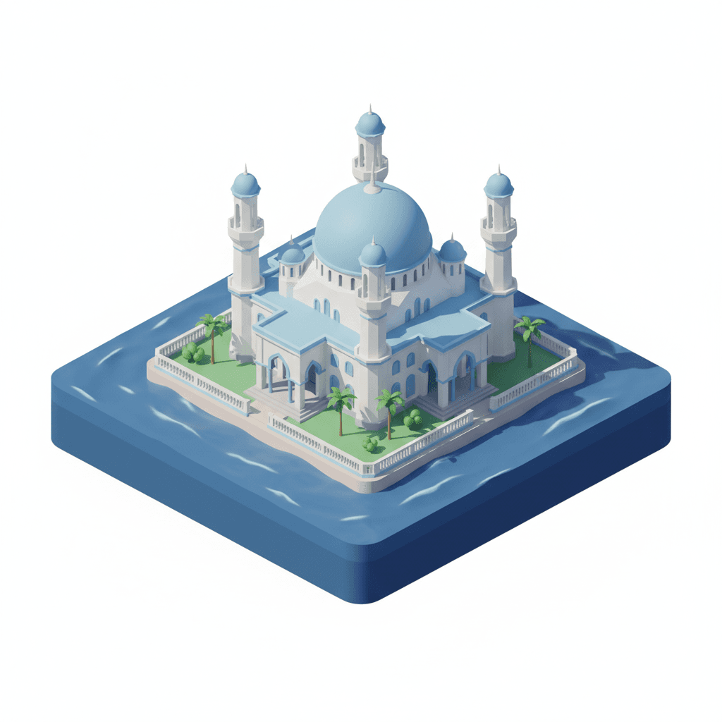 Sultan Abu Bakar Mosque with large domes and tall minarets near the sea.