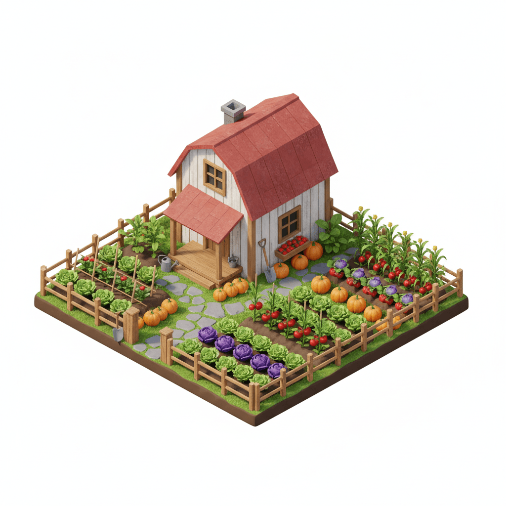 an isometric image of a small farm house surrounded by pathway and vegetables garden
