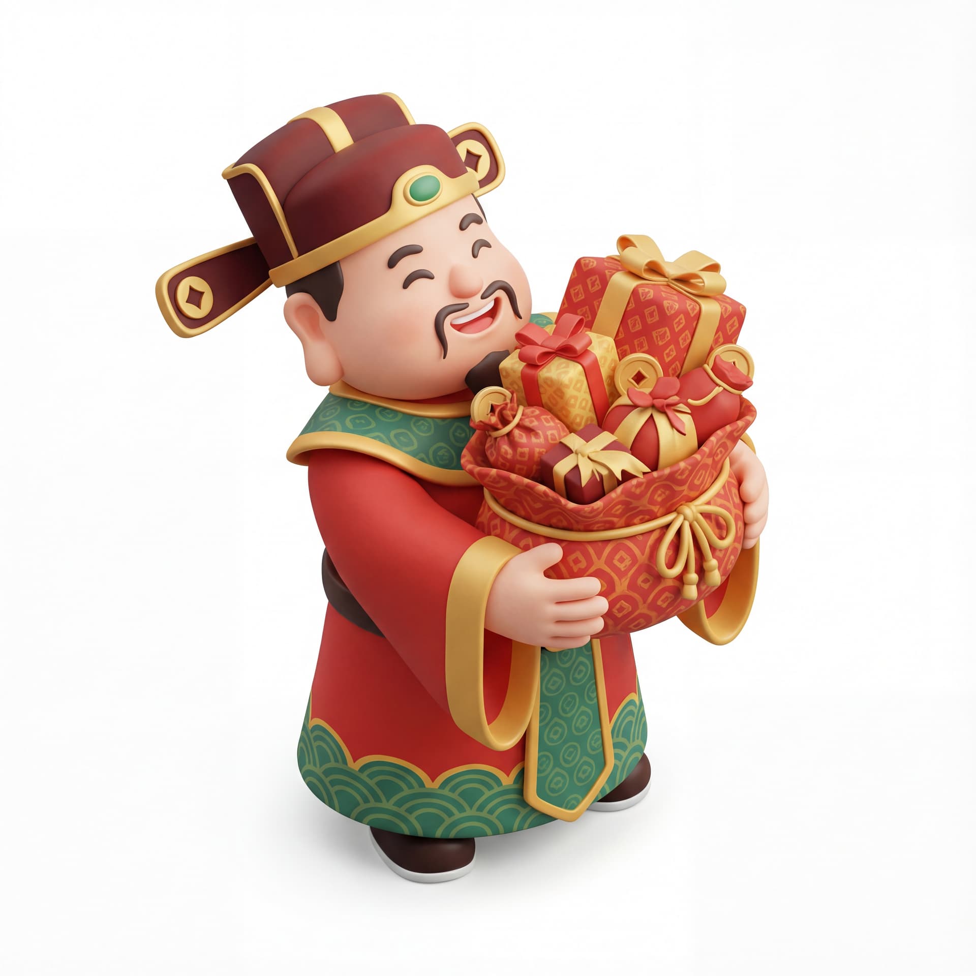 A full-body portrait of a cute God of Wealth happily carrying a large gift bundle in both arms, slight forward-leaning motion, rounded friendly face, isolated on a white background.