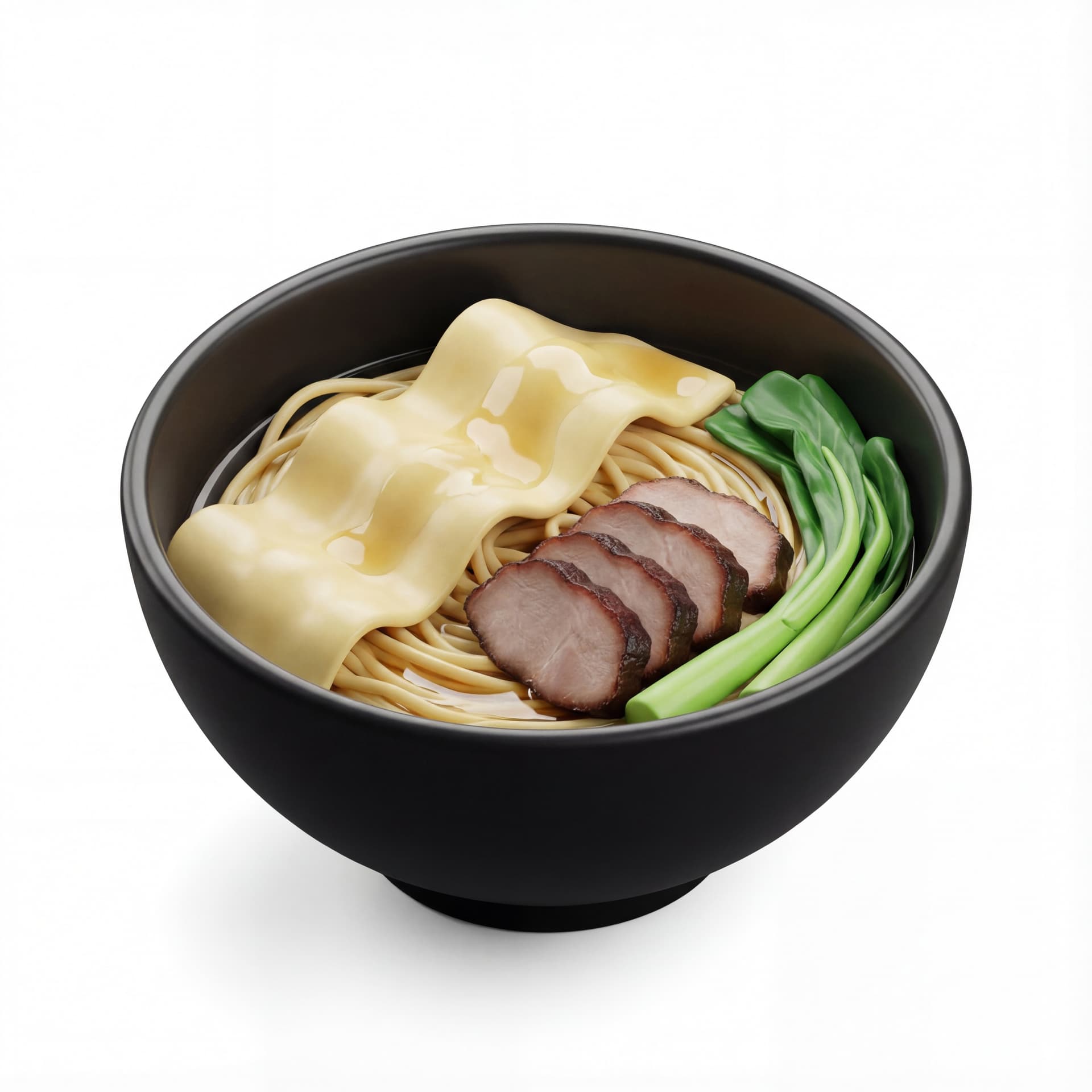A wide noodle in black bowl containing thin egg noodles, sliced roast pork, blanched choy sum, and light soy oil sheen.