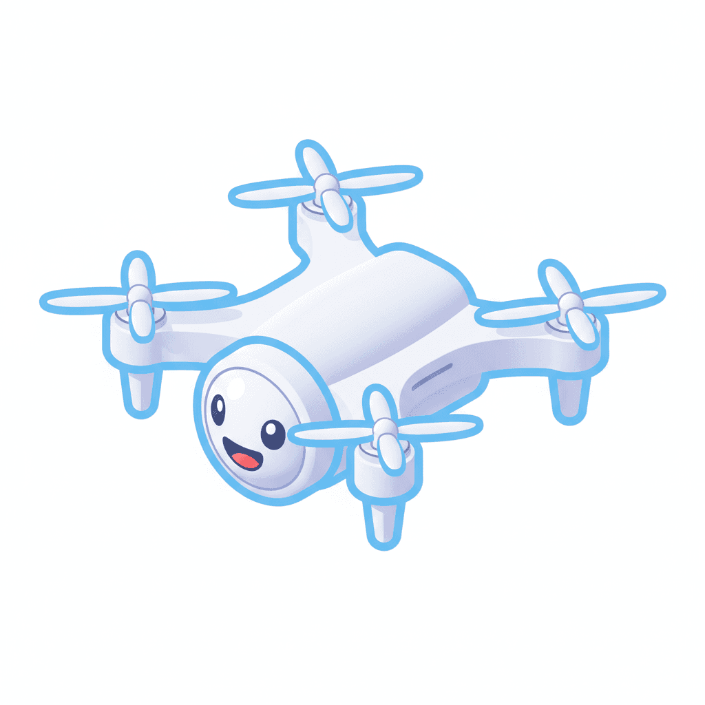 Camera drone smiling, dengan gaya Chibi kawaii + outline tebal warna baby blue