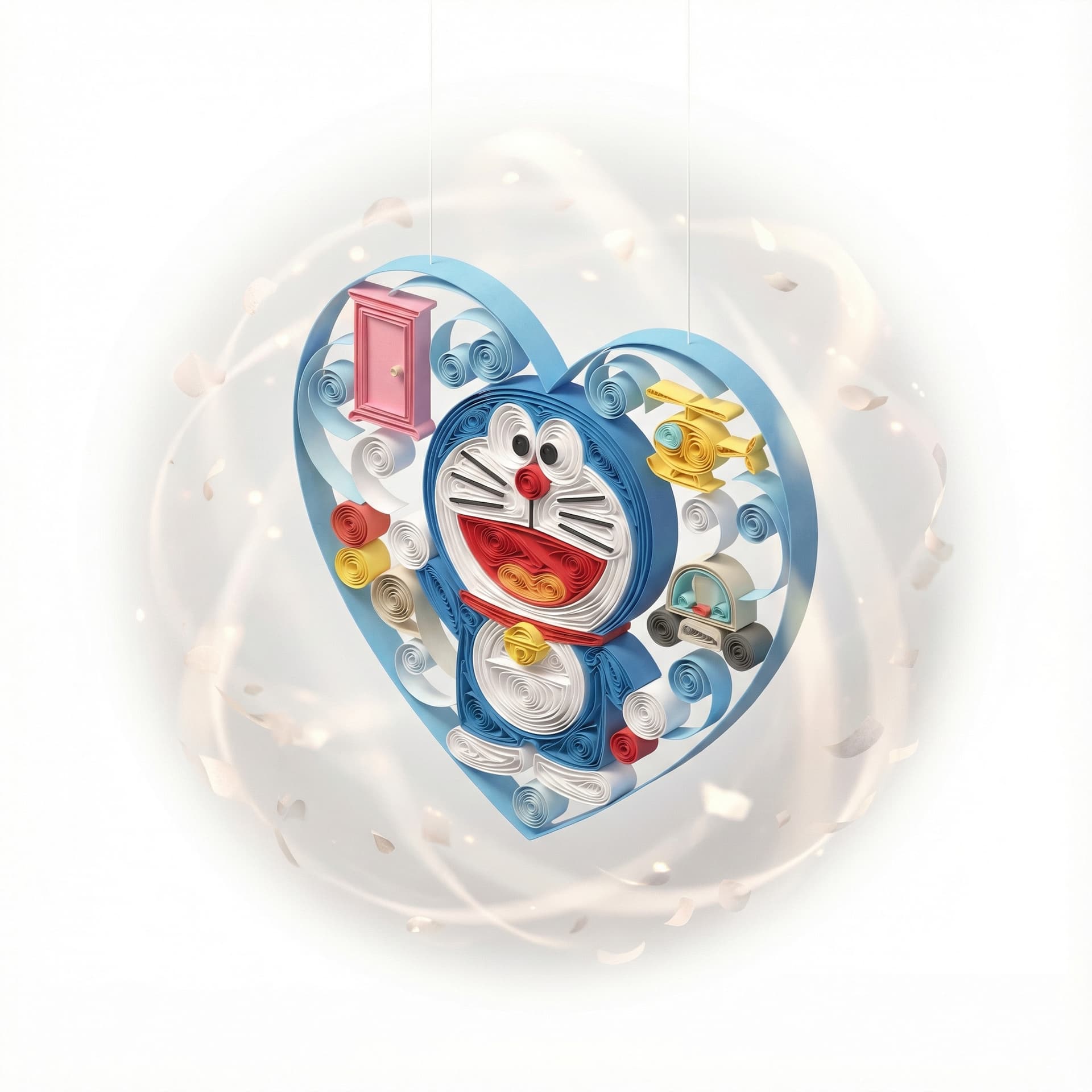 a suspended, adorable quilling art stylized vignette of doraemon, higlighting its legendary signature moments. Amplify the mood through environmental effects and atmospheric conditions.