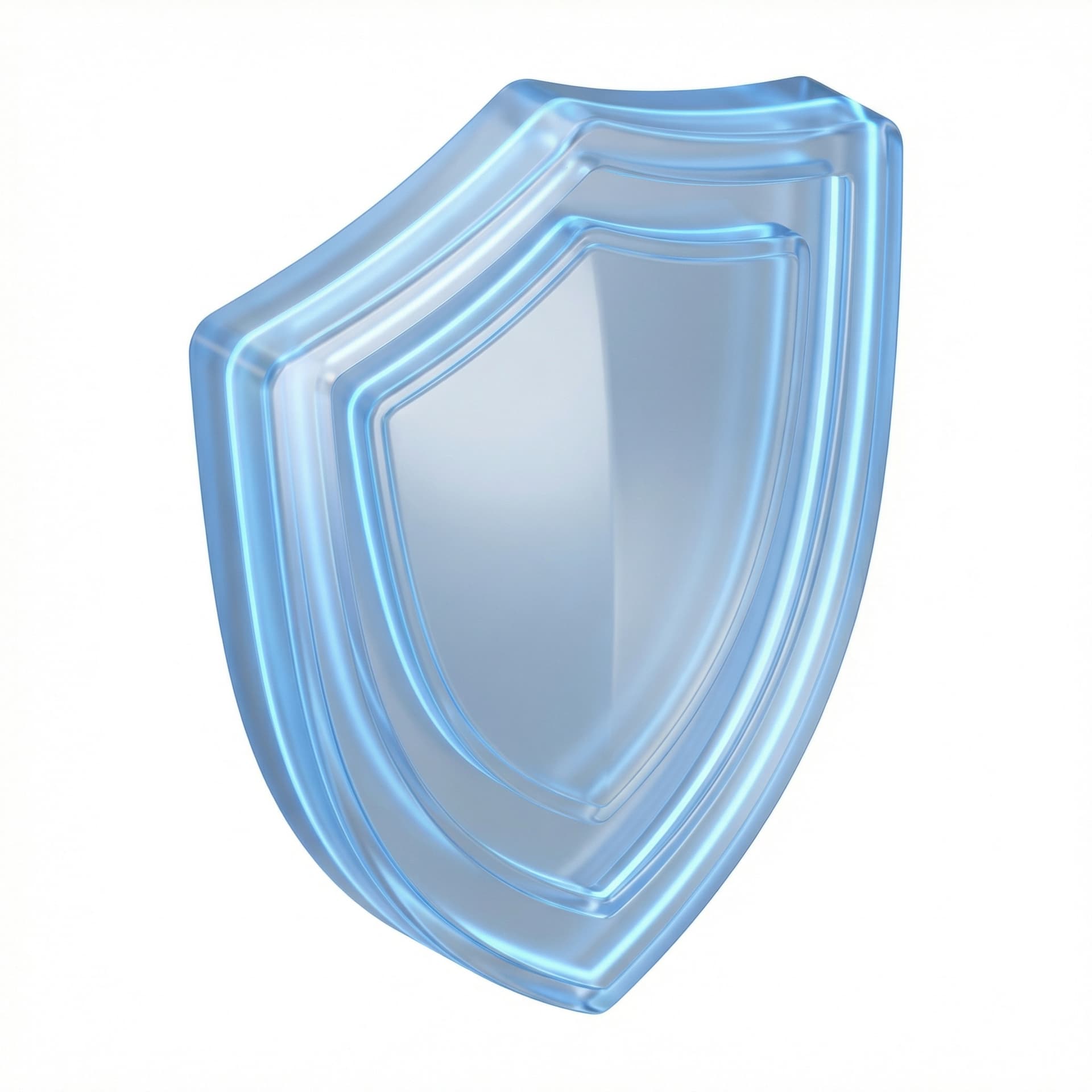 Isometric icon of a security shield, frosted glass material, glowing blue edges, translucent layers, high tech, futuristic, glossy finish.