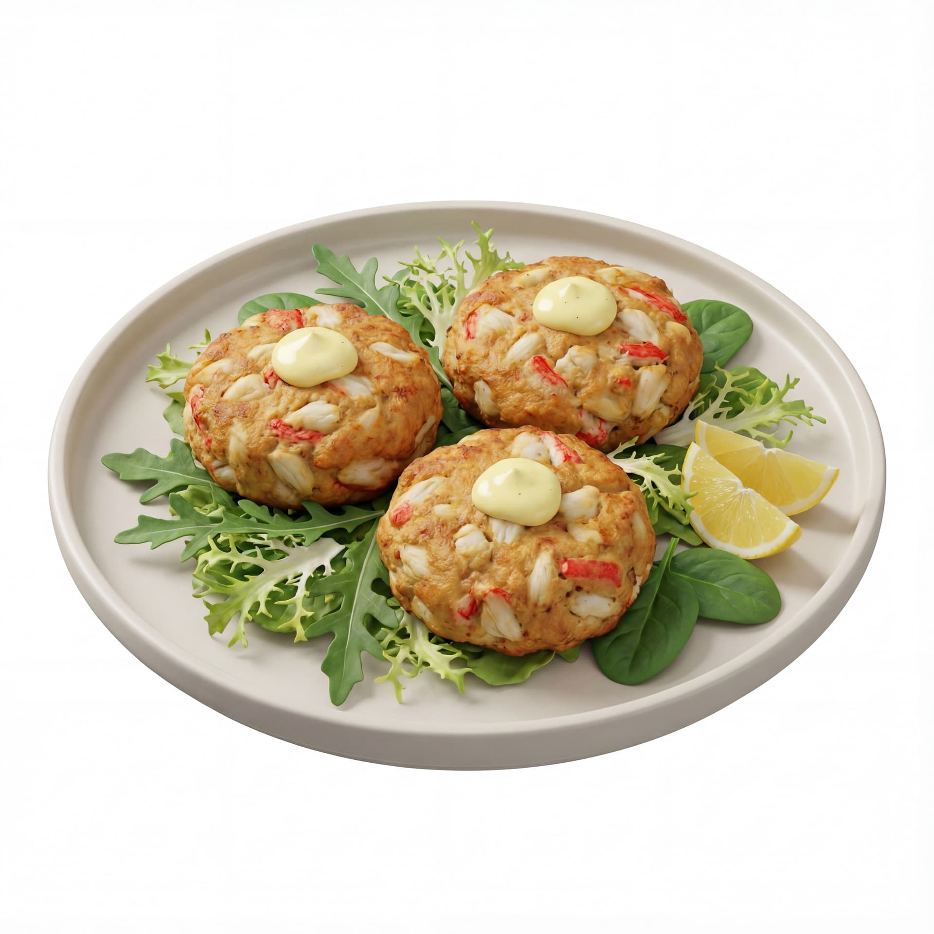 A flat plate presenting crab cakes with visible crab meat, lemon aioli dollop, and mixed greens.
