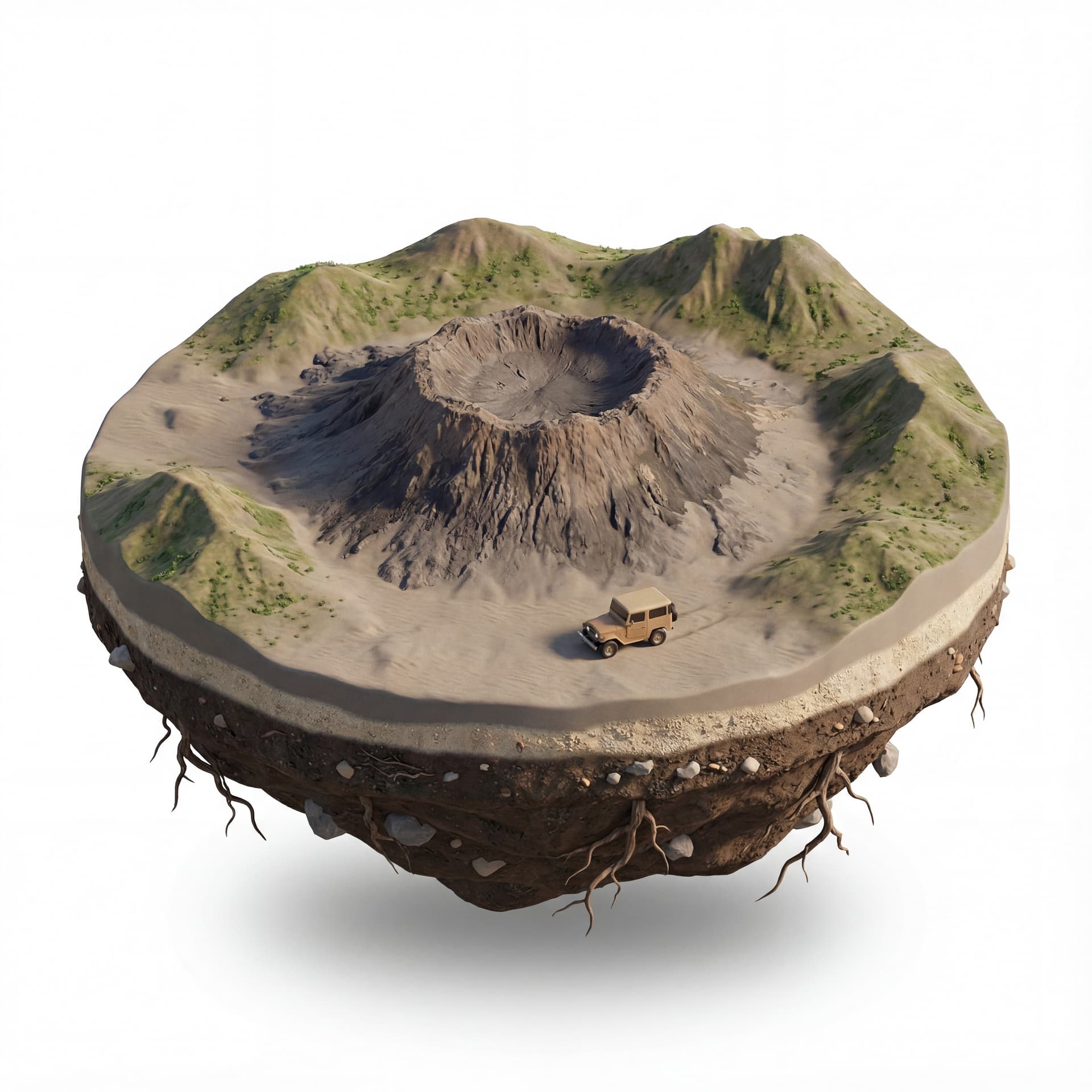 Mount Bromo, a detailed volcanic crater, a sea of sand, low hills surrounding the crater, no thin smoke rising from the crater peak, a small jeep with a hard roof on the sand for scale, the base of a floating island with layered soil texture + sand, scattered rocks and roots extending downward.