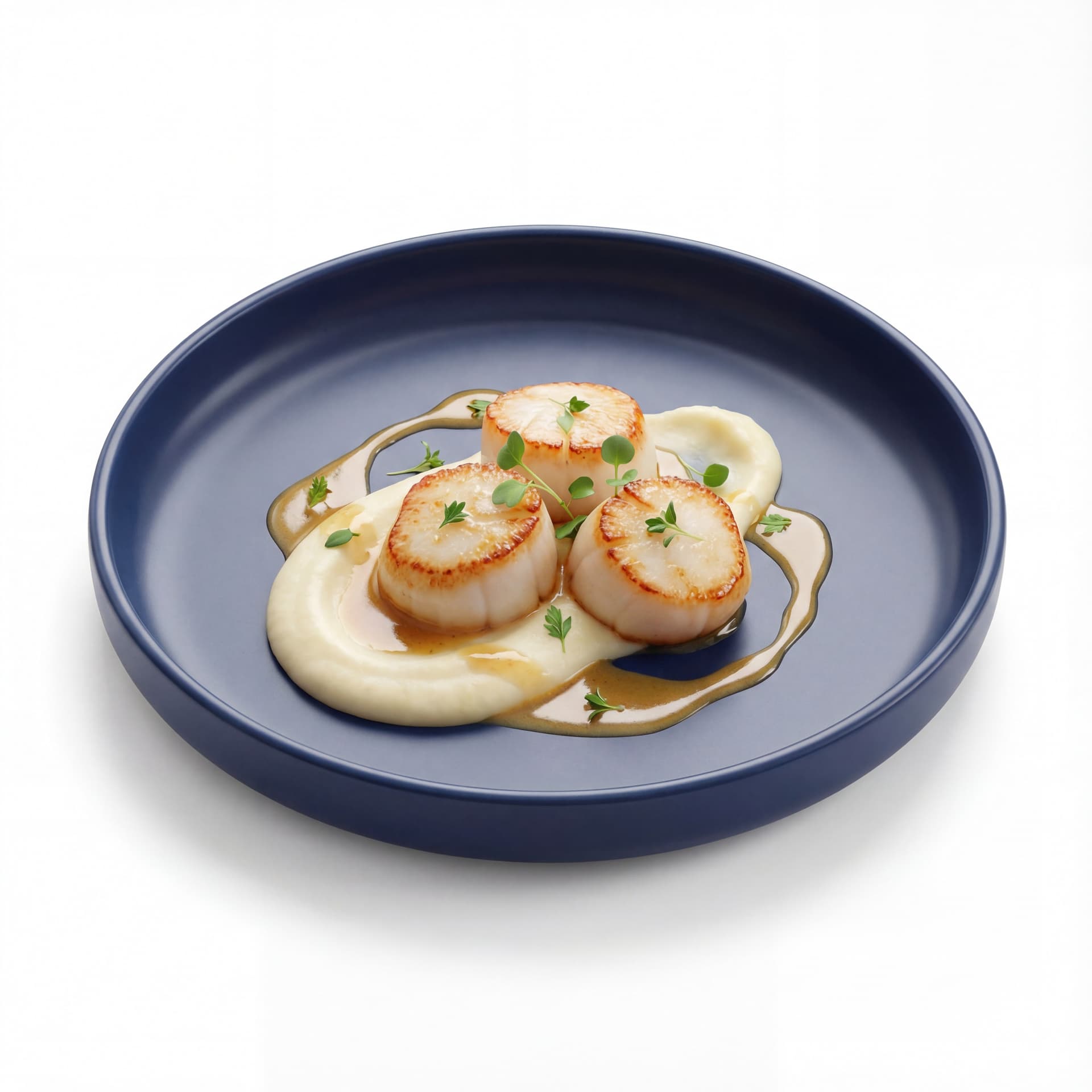 A dark blue elegant plate holding scallops seared to golden edges, cauliflower purée, browned butter sauce, and herb garnish.