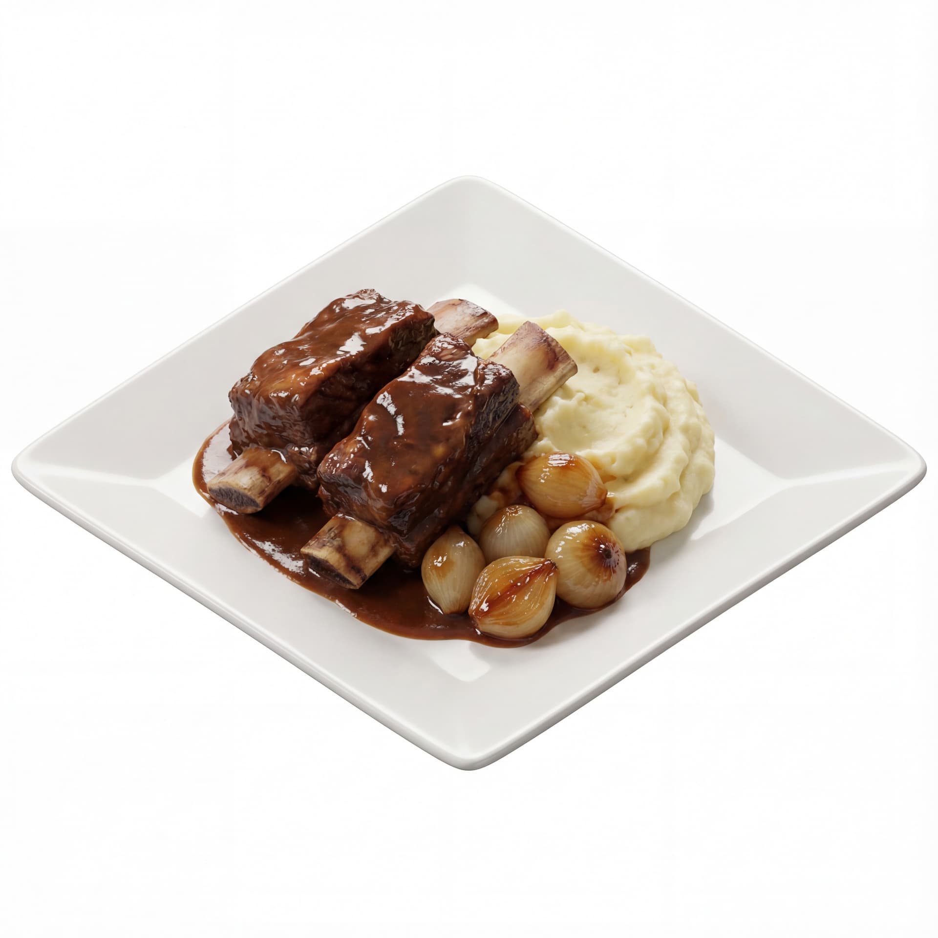 A square plate featuring beef short ribs, dark braising sauce, mashed potatoes, and glazed pearl onions