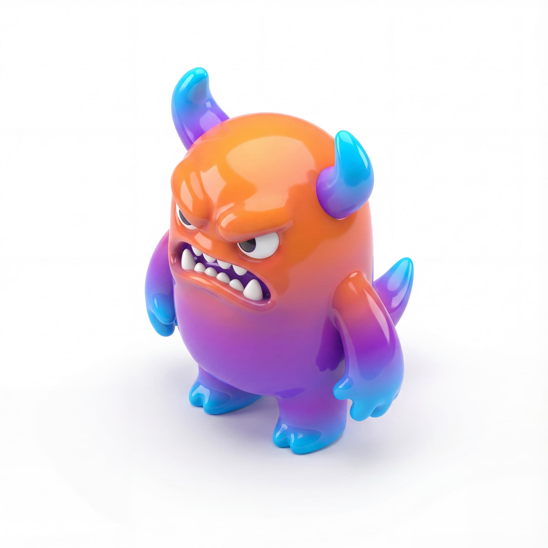 an angry fantasy monster with glossy vinyl and gradient vibrant bright color palette. standing tanpa tatakan. 