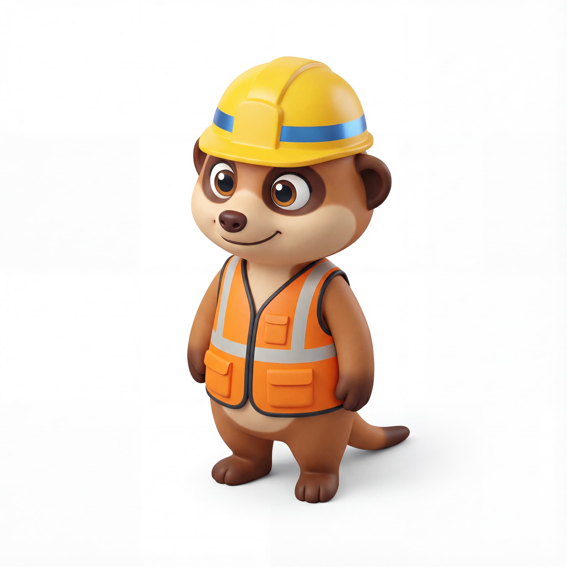 A cute cartoon meerkat mascot character dressed as a safety officer, wearing a helmet and safety vest, full body, front-facing, rounded proportions, big expressive eyes, soft shading, alert responsible smile, centered composition, isolated on a white background.