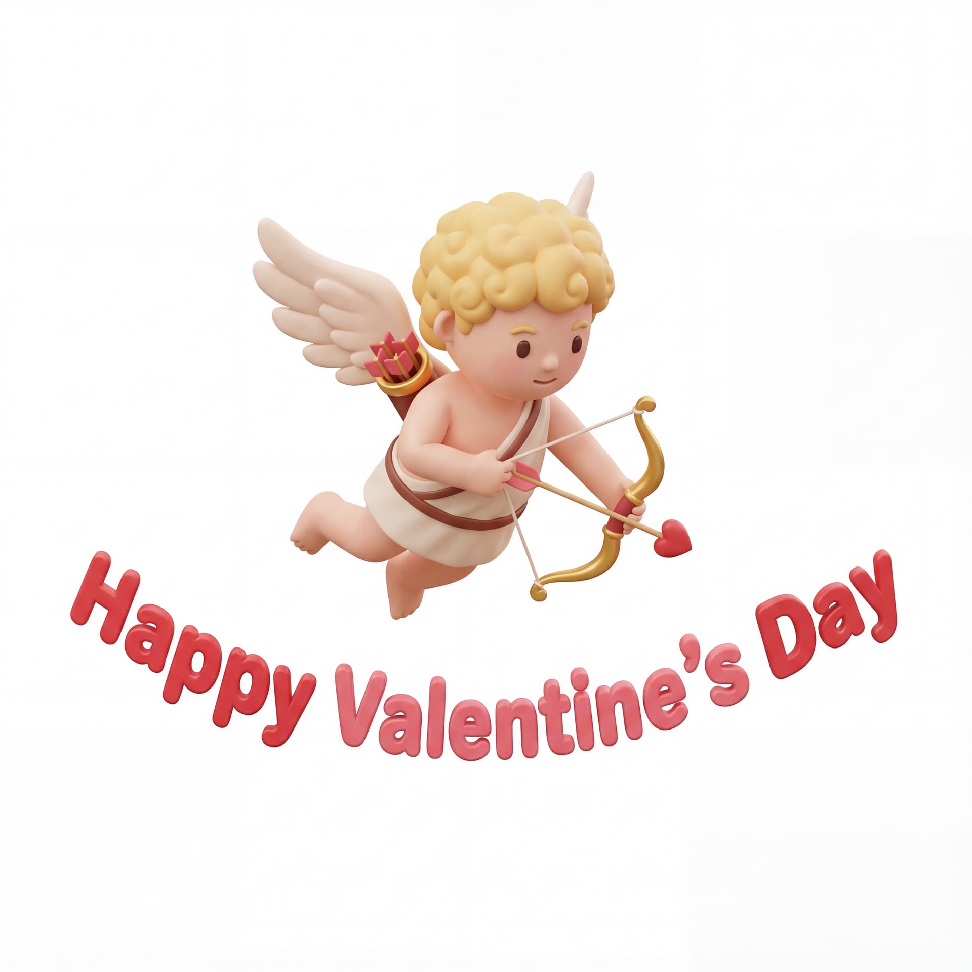 A full-body portrait of a cute Cupid character flying gently above the words “Happy Valentine’s Day,” with the text shaped along a soft curved baseline, Cupid aiming a bow downward toward the lettering, isolated on a white background.