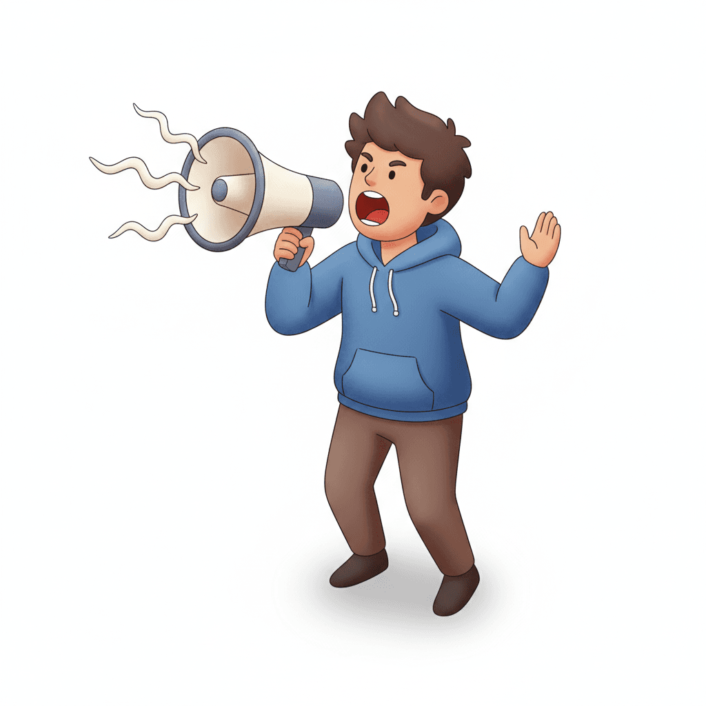 isometric hand-drawn vector of a student yelling passionately into a megaphone