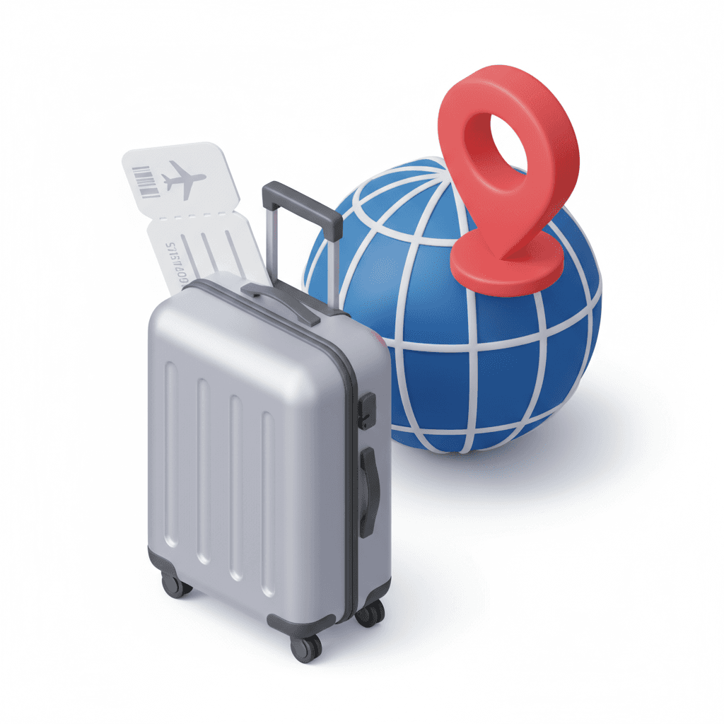 A flat vector illustration of a silver suitcase with wheels in front of a blue globe with white latitude and longitude lines, a red location pin on the upper right, and a white airplane ticket behind the suitcase. Clean minimal travel icon on white background.