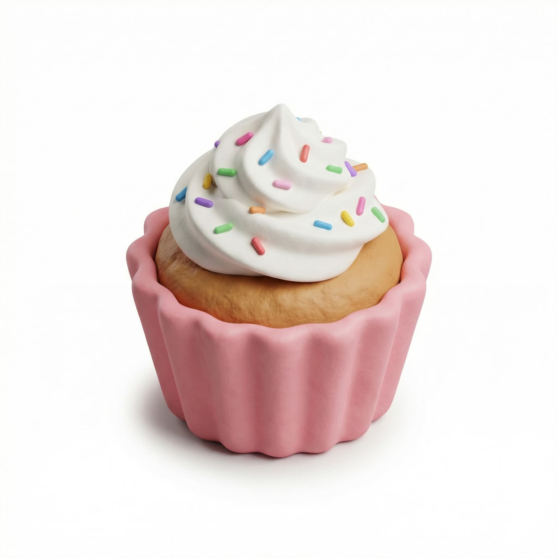 buatlah cupcake. cup berwarna pink, kue berwarna coklat mjuda dengan whipped cream berwarna putih diatasnya dan taburan meses. buatlah dengan style claymation.