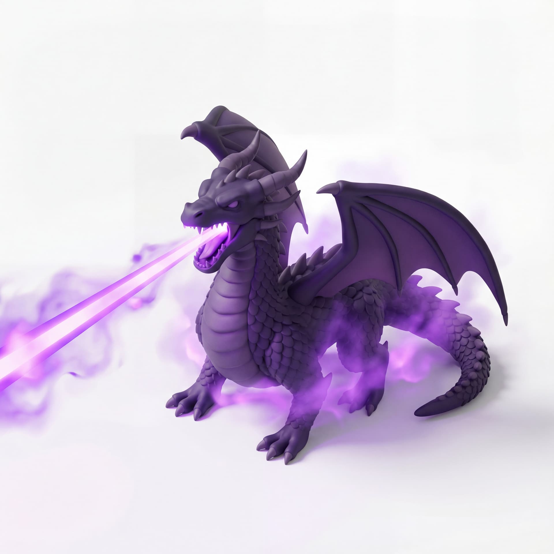 An isometric dragon with dark purple scales roaring loudly, firing a beam as purple glowing fog radiates outward from its body.