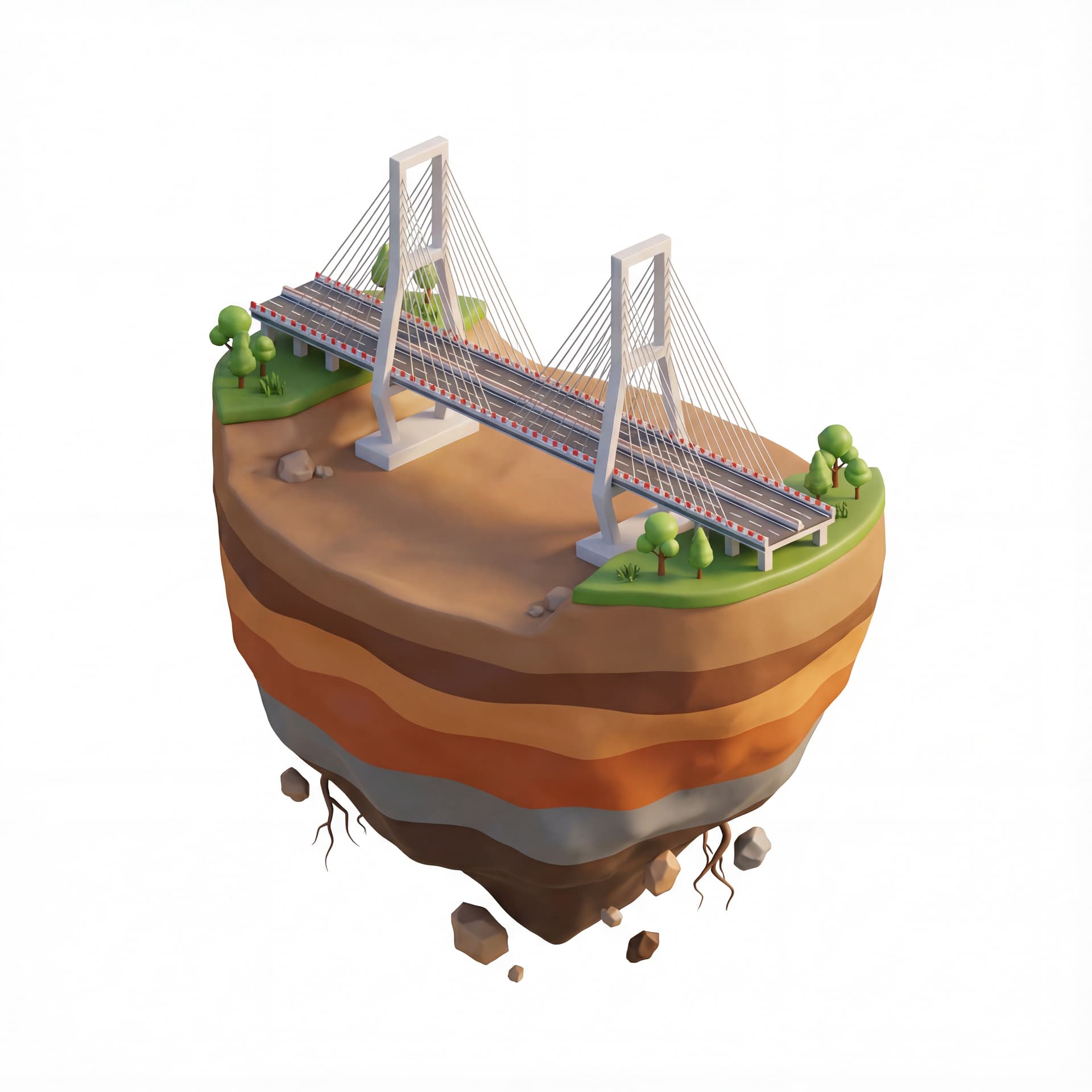 floating island base with layered soil + Suramadu Bridge