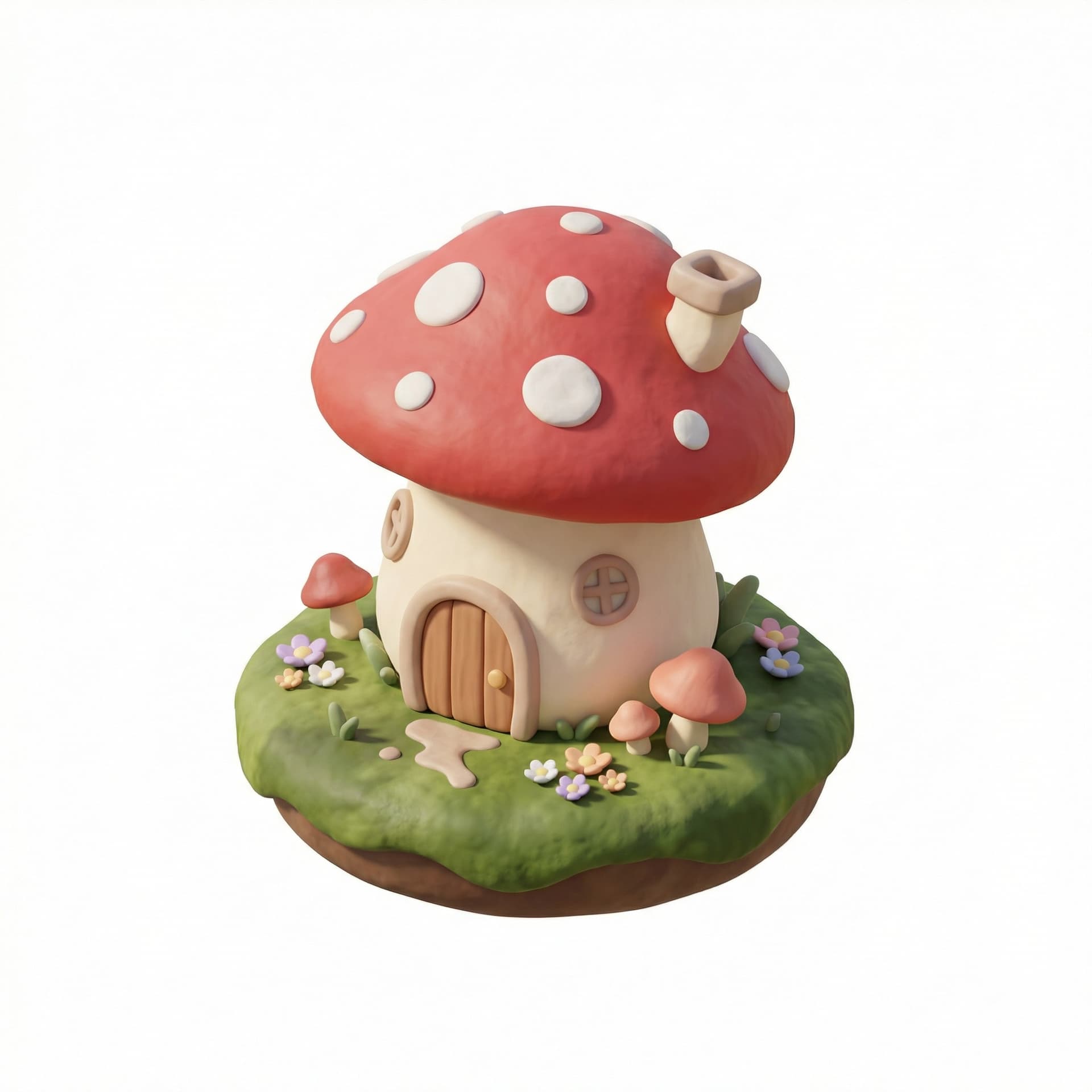 Isometric icon of a cute mushroom house, clay render style, soft rounded edges, pastel colors, floating on a green patch, 3D render, minimalist.