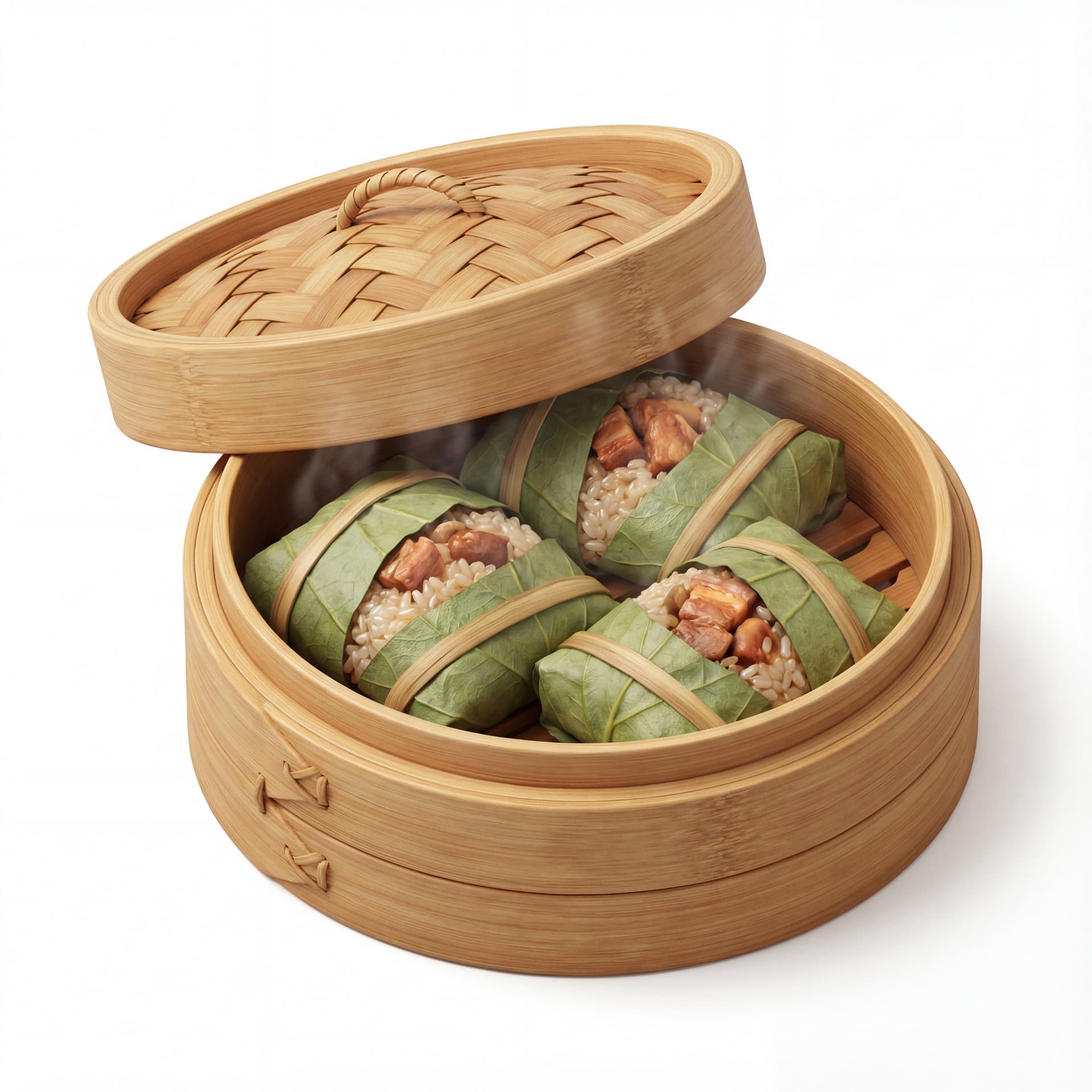 A bamboo steamer containing three lotus-leaf wrapped sticky rice parcels with visible rice grains and meat filling