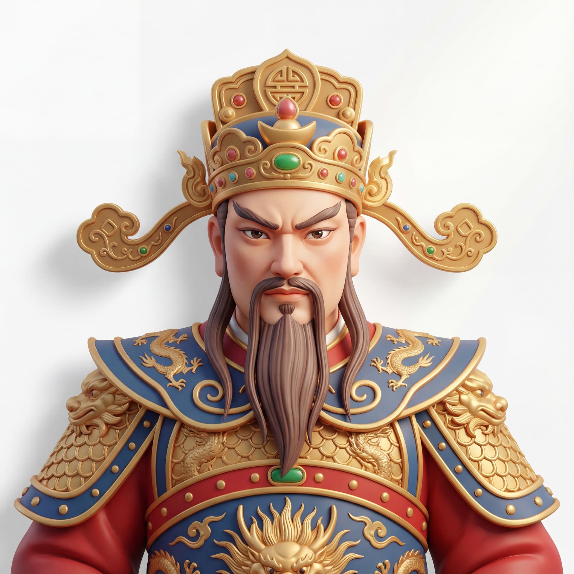heroic God of Wealth portrait shown from the waist up, intense focused gaze, detailed traditional headwear, refined beard and mustache, symmetrical composition, isolated on a white background.