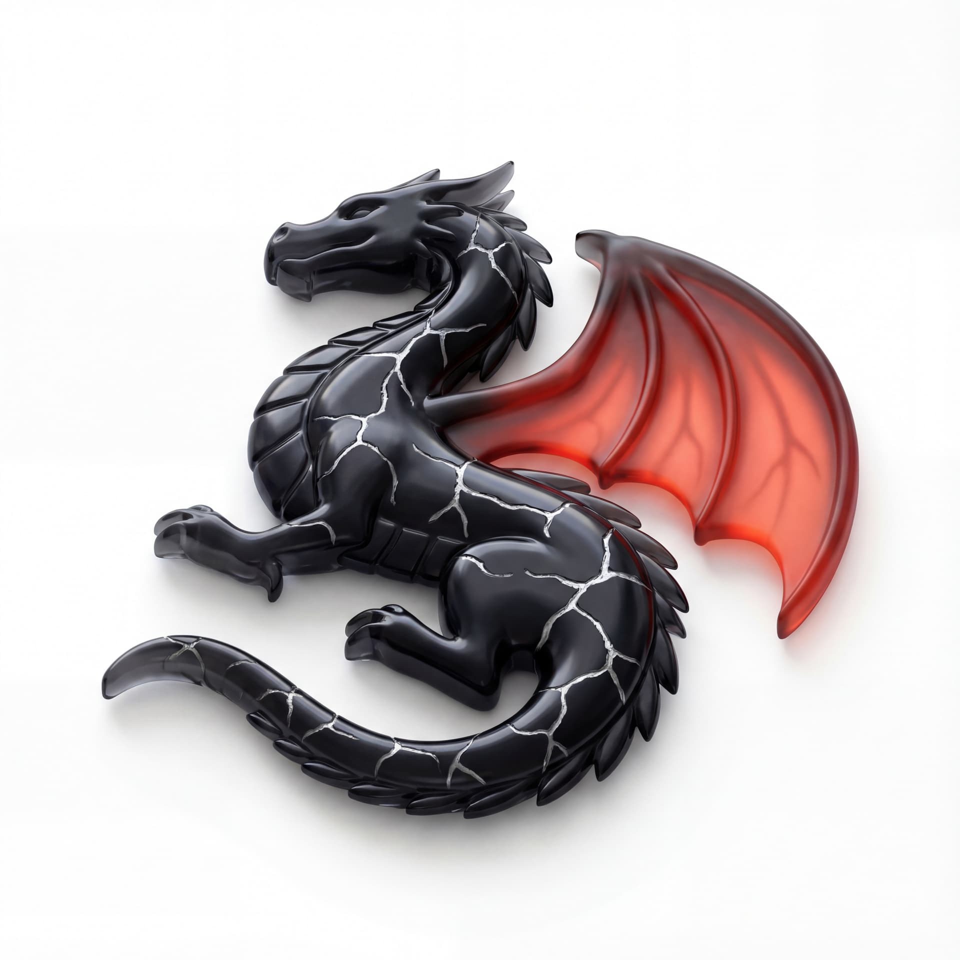 a3d isometric dragon with obsidian-black glassy scales, fracture-line patterns, and ember-red wing membranes