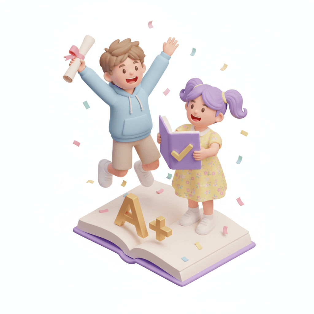 pastel-colored isometric icon of a cheerful boy and girl celebrating their exam results
