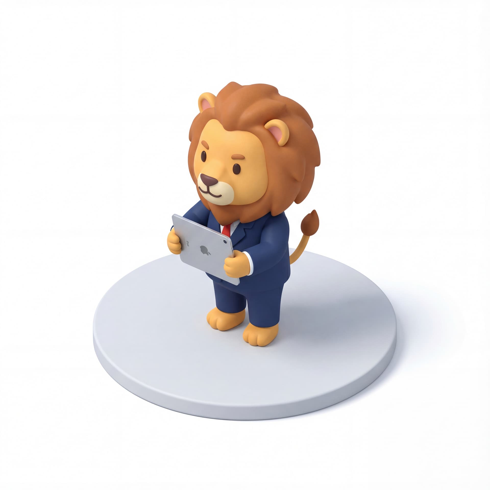 A cute lion business executive in a suit, holding a tablet, confident stance with simplified cartoon anatomy.
