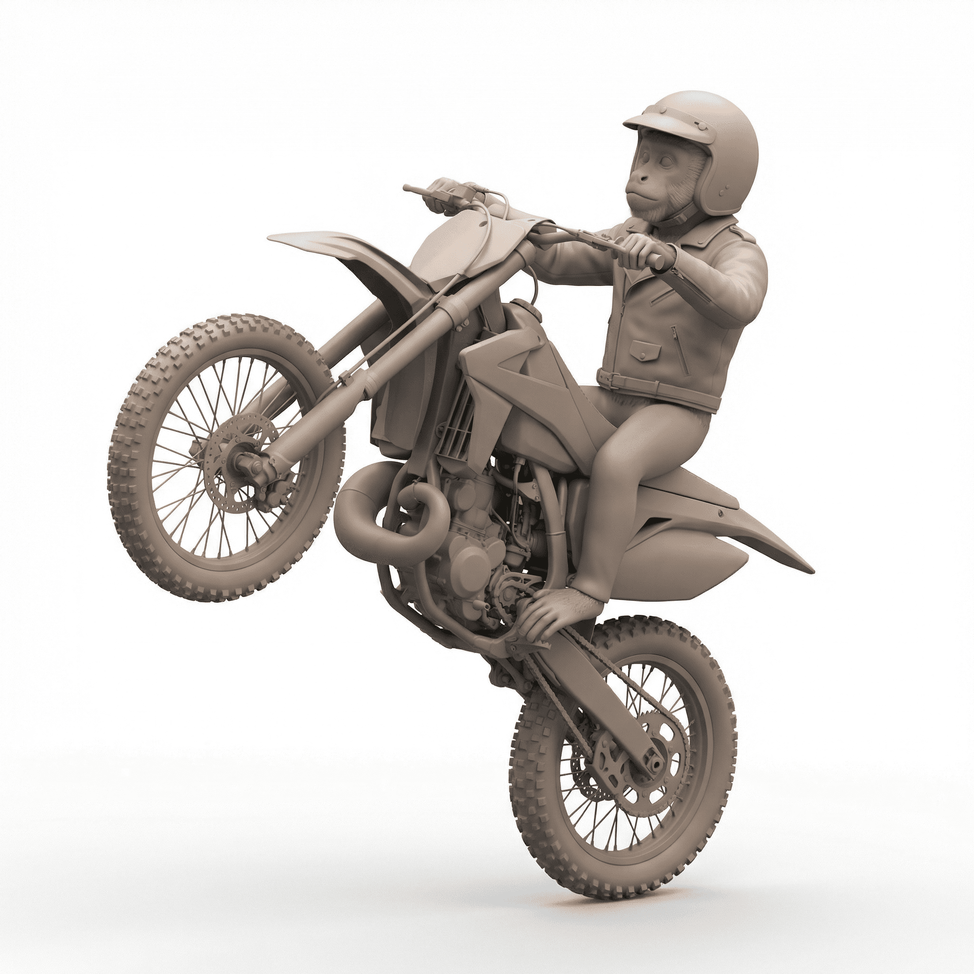 a monkey driving motorcycle do wheelie with realistic 3d