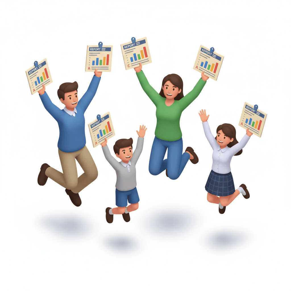 holding report cards and jumping together