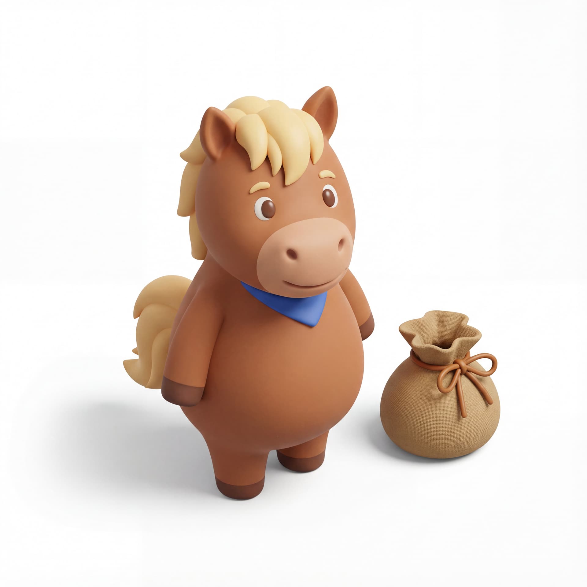 A cute cartoon horse mascot standing beside a small symbolic pouch, upright posture, full body, front-facing, isolated on a white background.