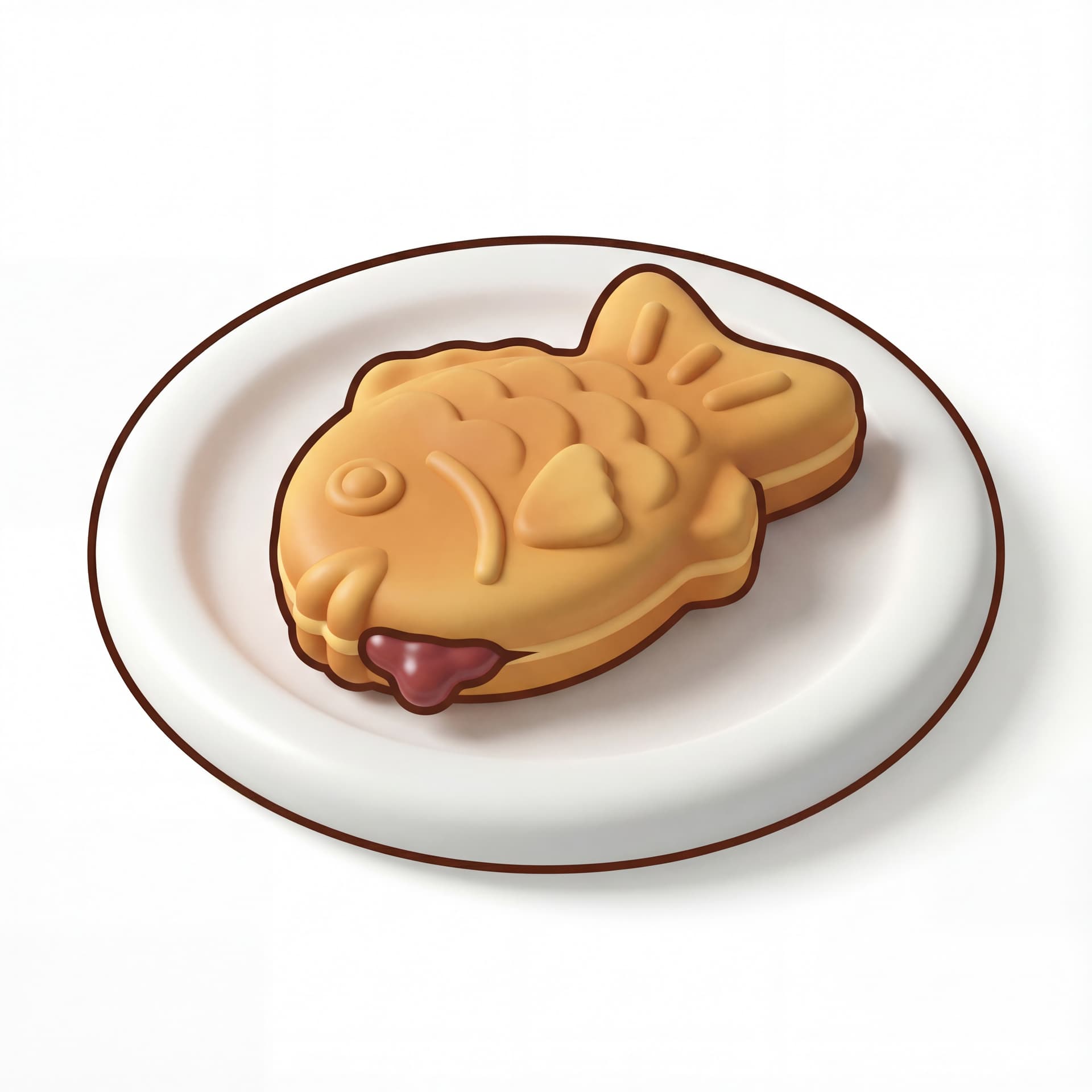 A cartoon taiyaki pastry placed on a plate, rounded fish-shaped form, soft shading, bold outline.