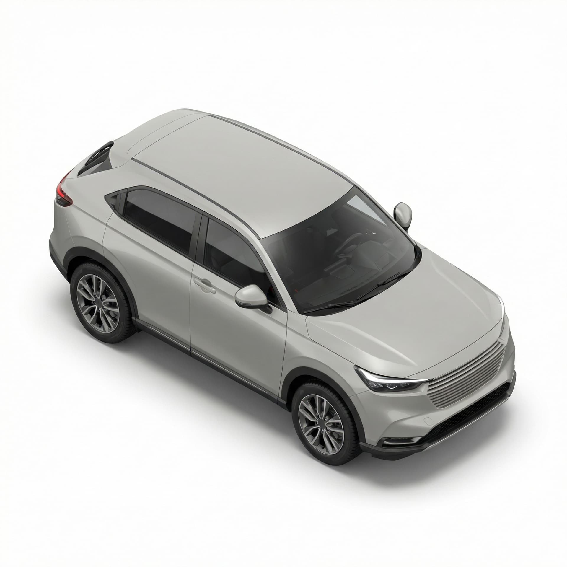 Ultra-realistic 3D render of a compact modern SUV (small crossover), Japanese design inspiration (clean geometry, slim LED headlights, compact proportions). Isometric camera angle, light neutral body color (silver/stone gray), realistic rubber tires, metallic rims, tinted glass, subtle reflections. Neutral studio lighting with soft shadow under the car. No branding, no logo, no text, no plate. Simple background.