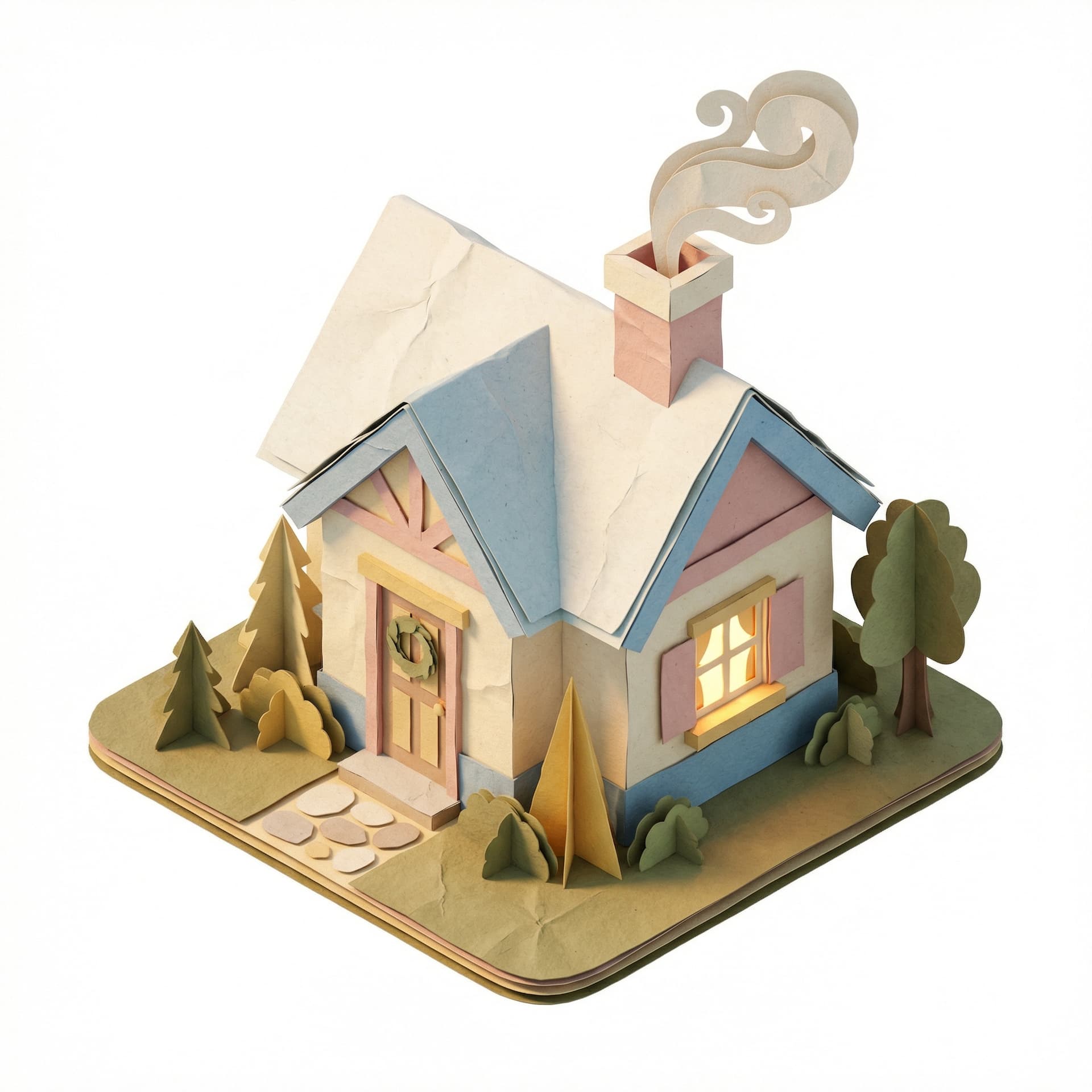 Isometric icon of a cozy cottage, paper cutout style, textured paper material, warm lighting, pastel colors, handmade craft look, isolated.