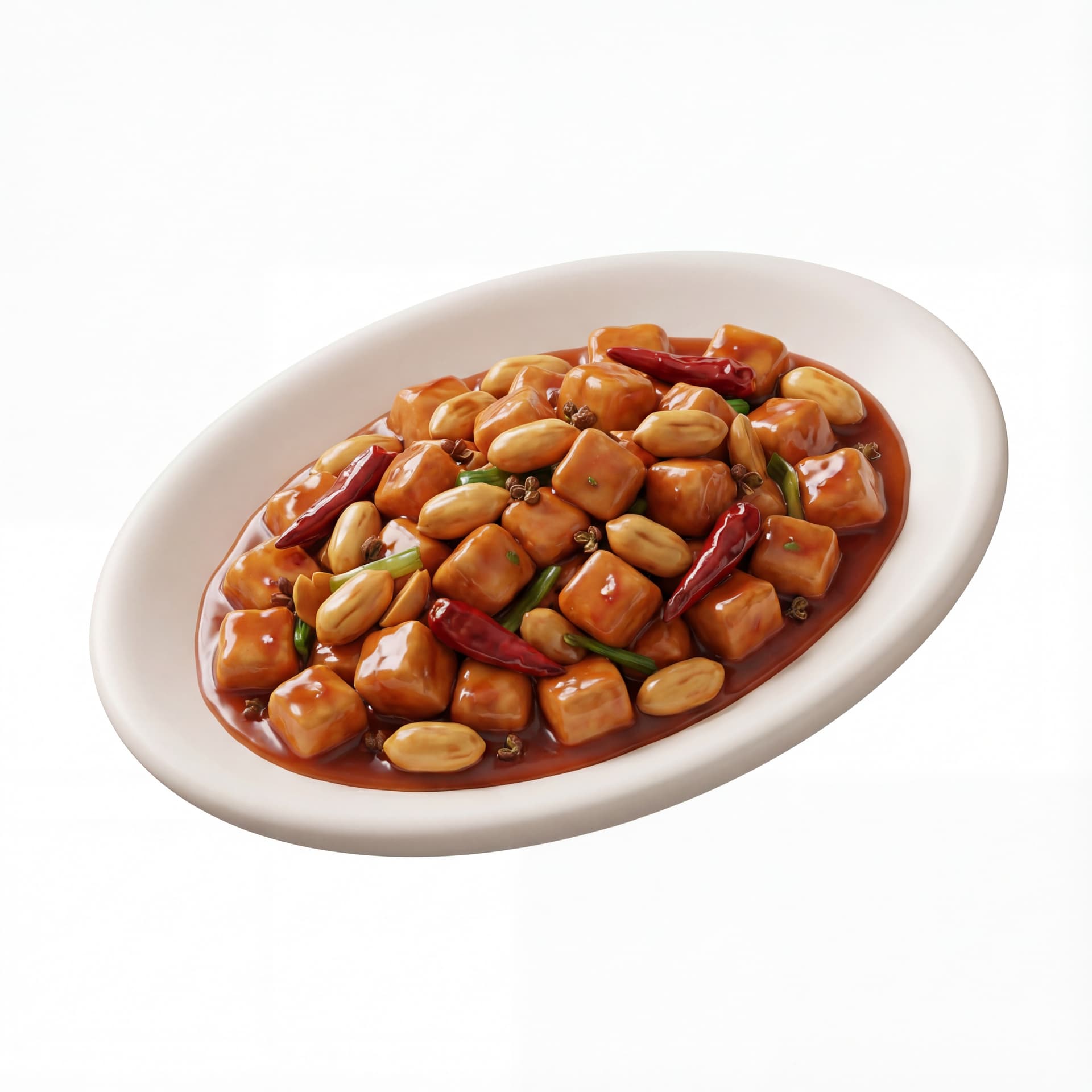 A cartoon oval plate holding Kung Pao chicken with diced chicken cubes, roasted peanuts, dried red chilies, and glossy brown-red sauce.