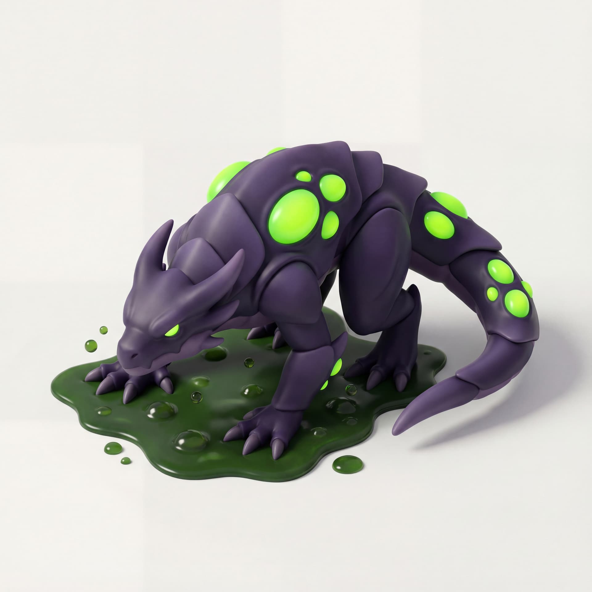 toxic swamp dragon with glowing neon-green sacs, purple plating, and a bubbling puddle under its claws.