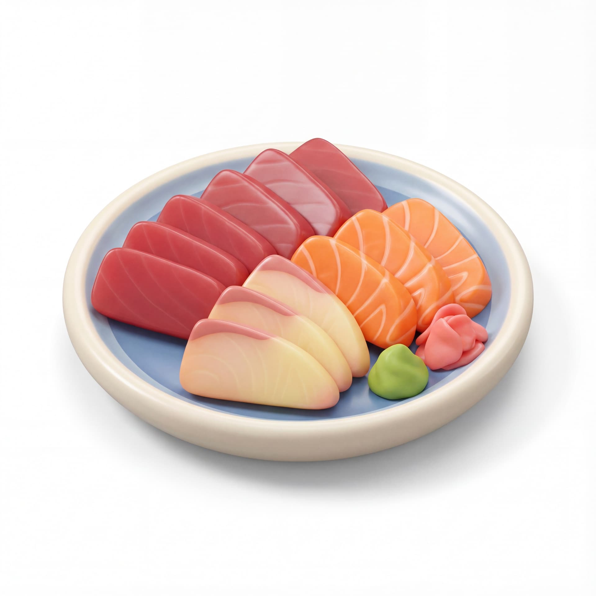 A cartoon sashimi slices arranged symmetrically on a plate, smooth cuts, glossy texture, simplified geometry.