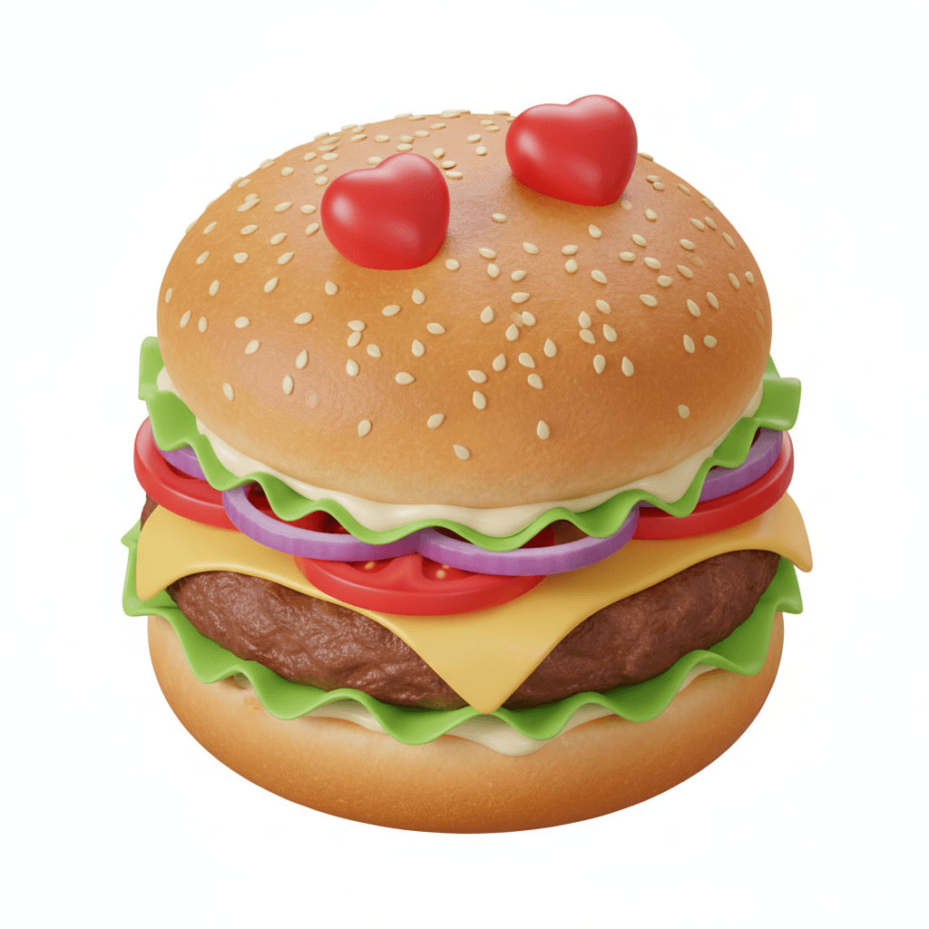 a highly saturated isometric burger with heart eyes