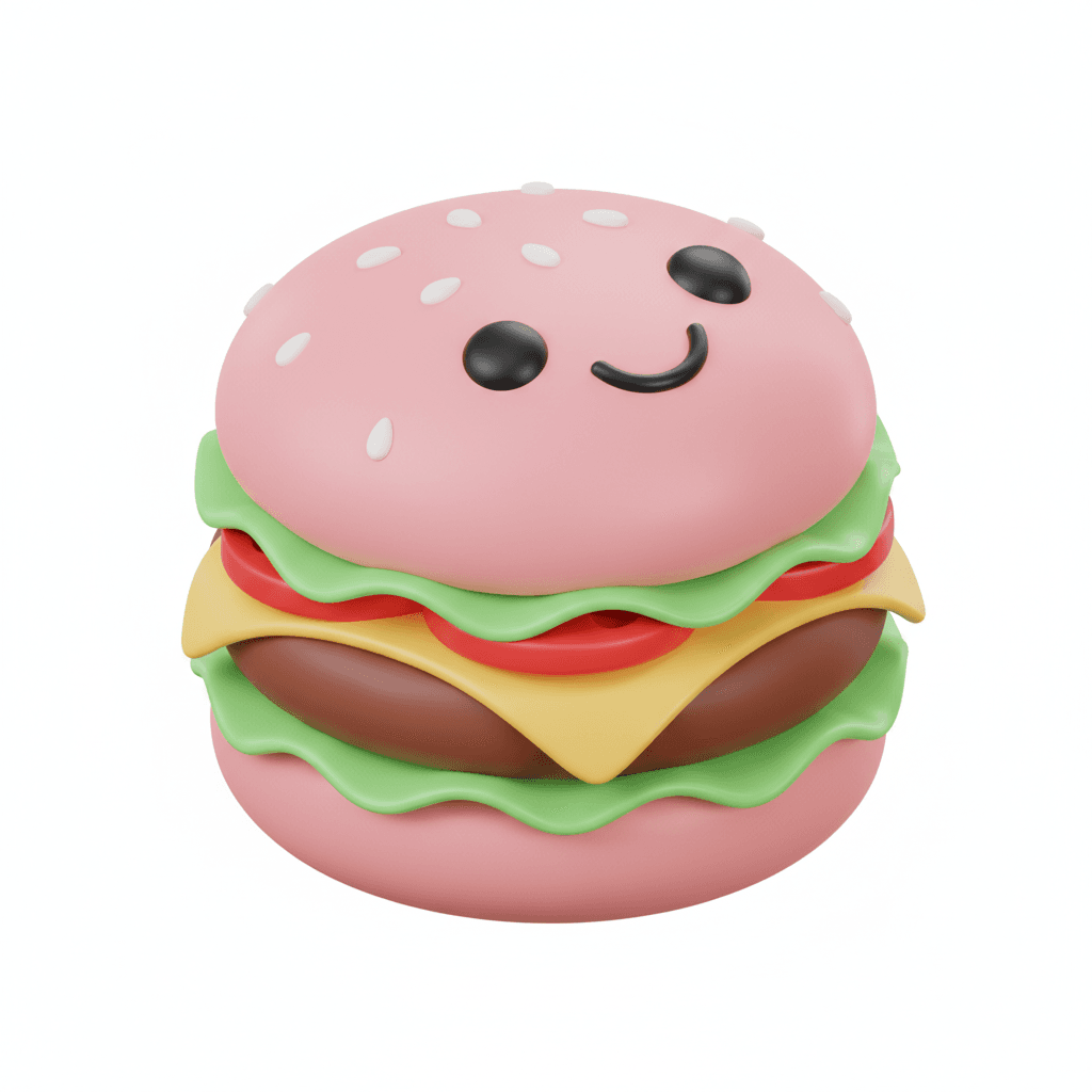 isometric flat pastel icon of a kawaii-style cheeseburger with smiling face