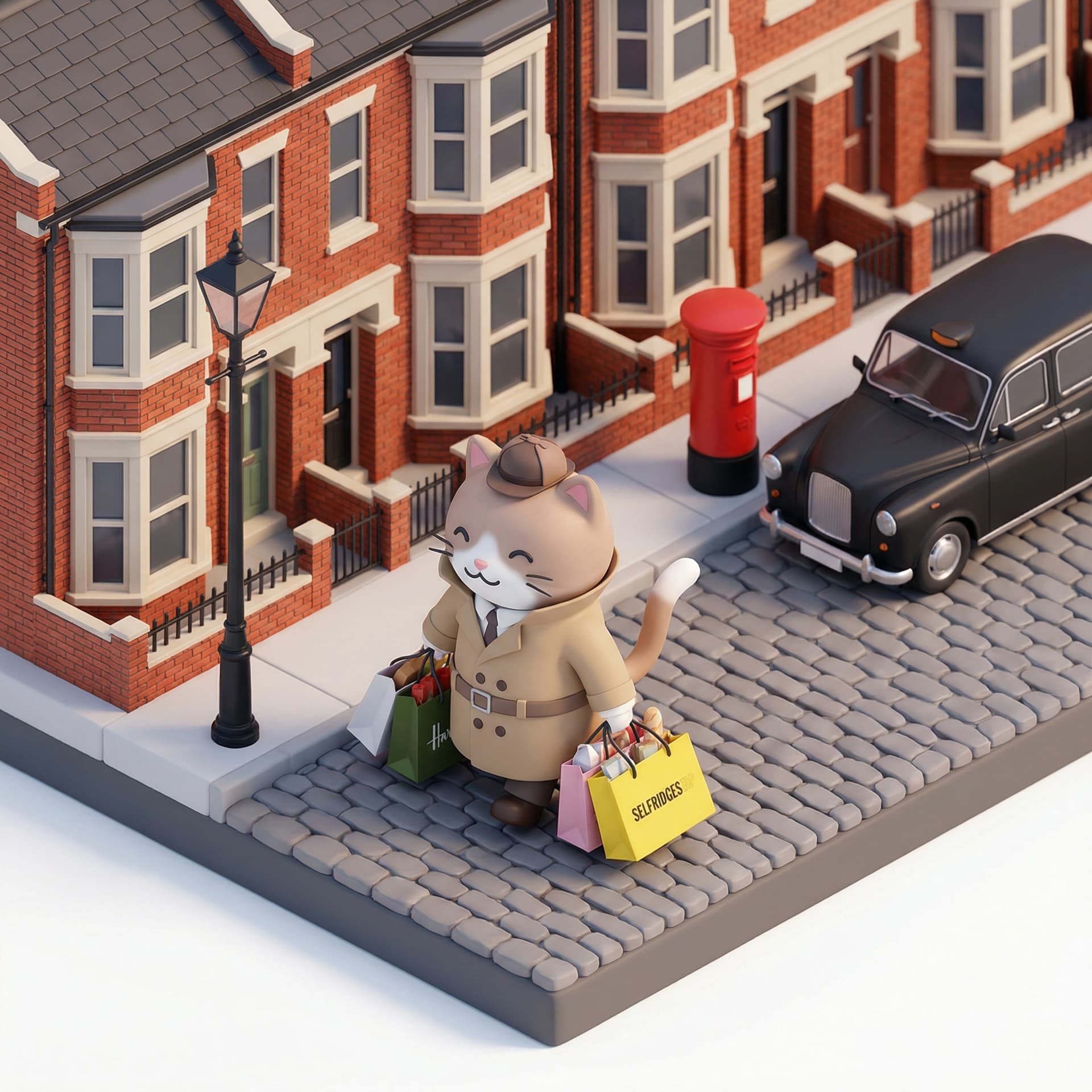 A cat that has just finished shopping is walking in front of a London residential area.