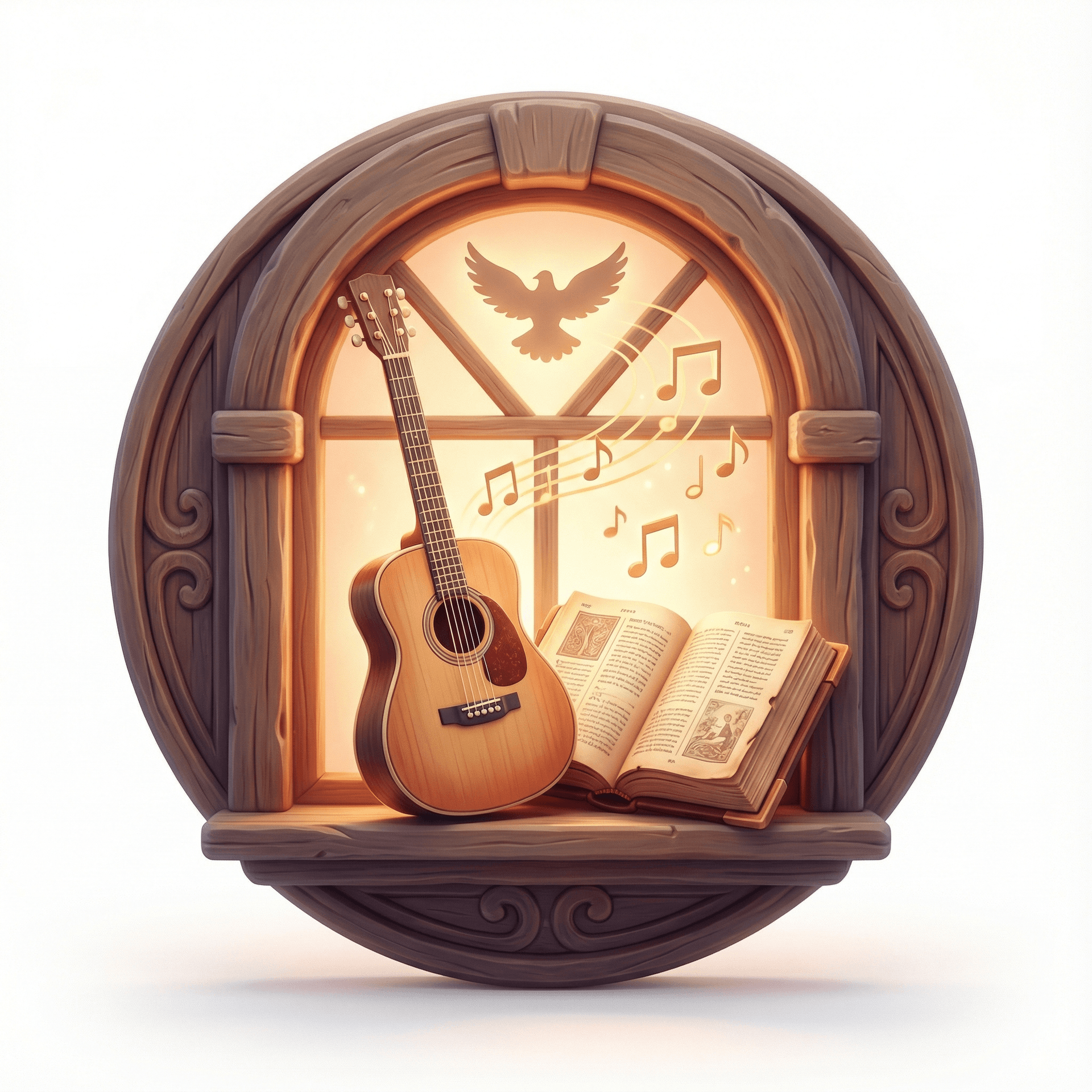 A warm, illustrative logo emblem for "Bilik Mazmur". A centered illustration of a cozy, glowing arched window frame made of aged wood. Inside the window, an acoustic guitar leans against an open Bible with musical notes floating upwards like light. A dove silhouette is near the top arch. The perspective is a straight-on front view, perfectly symmetrical and upright. Warm lighting, earthy tones, muted oranges, and soft browns. Vintage storybook art style. --ar 1:1