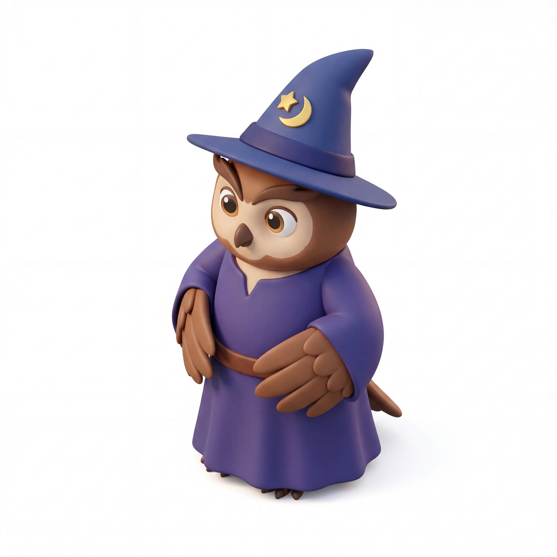 A 3D cartoon owl wizard character standing upright, wearing a simplified wizard hat, wings folded like arms, intelligent friendly expression, isolated character.