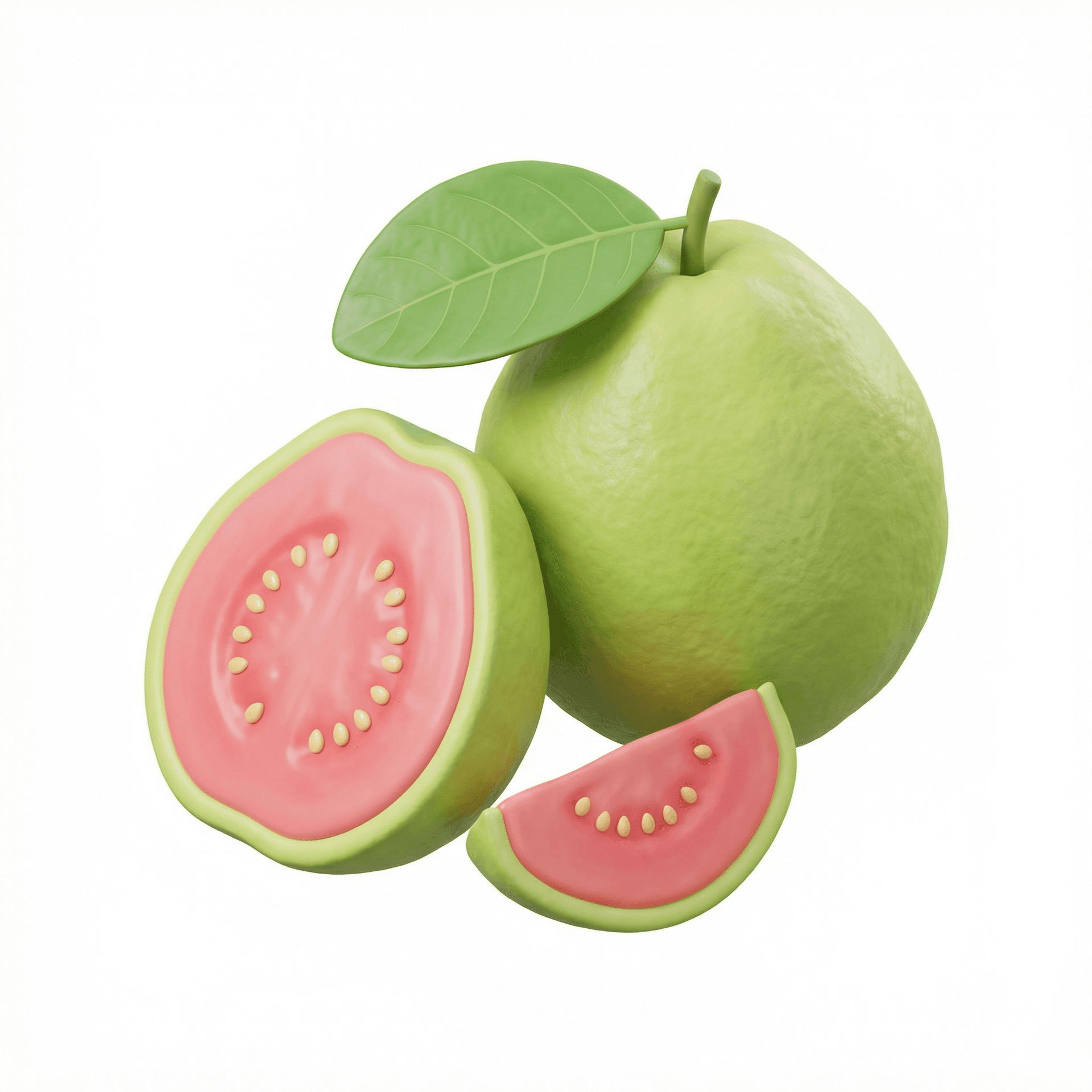 A high-quality, stylized 3D illustration of fresh guava fruit displayed in a clean composition. The scene includes one whole guava and one guava cut in half, with an additional small slice placed in front. The whole guava has a rounded, slightly uneven shape with a natural bumpy surface, colored in soft light green tones with subtle texture variations. The cut guava reveals a vibrant pink interior with a soft, juicy appearance. The flesh looks smooth and slightly translucent, with small pale yellow seeds clustered naturally in the center. The rind is thicker and light green, clearly separating the outer skin from the pink flesh. A fresh green guava leaf is attached near the stem, with visible veins and a gentle curve, simplified but still recognizable in a stylized 3D form. The overall style is modern, semi-realistic 3D with soft geometry and rounded edges, suitable for food illustrations, educational visuals, or product icons. Materials resemble smooth clay or soft plastic with subtle surface texture, avoiding photorealism. Lighting is soft and natural, highlighting the freshness and color contrast between the green skin and pink flesh. The background is clean and minimal, preferably white or very light neutral. No text, no labels, no logos. High resolution, well-balanced composition, studio-style render.