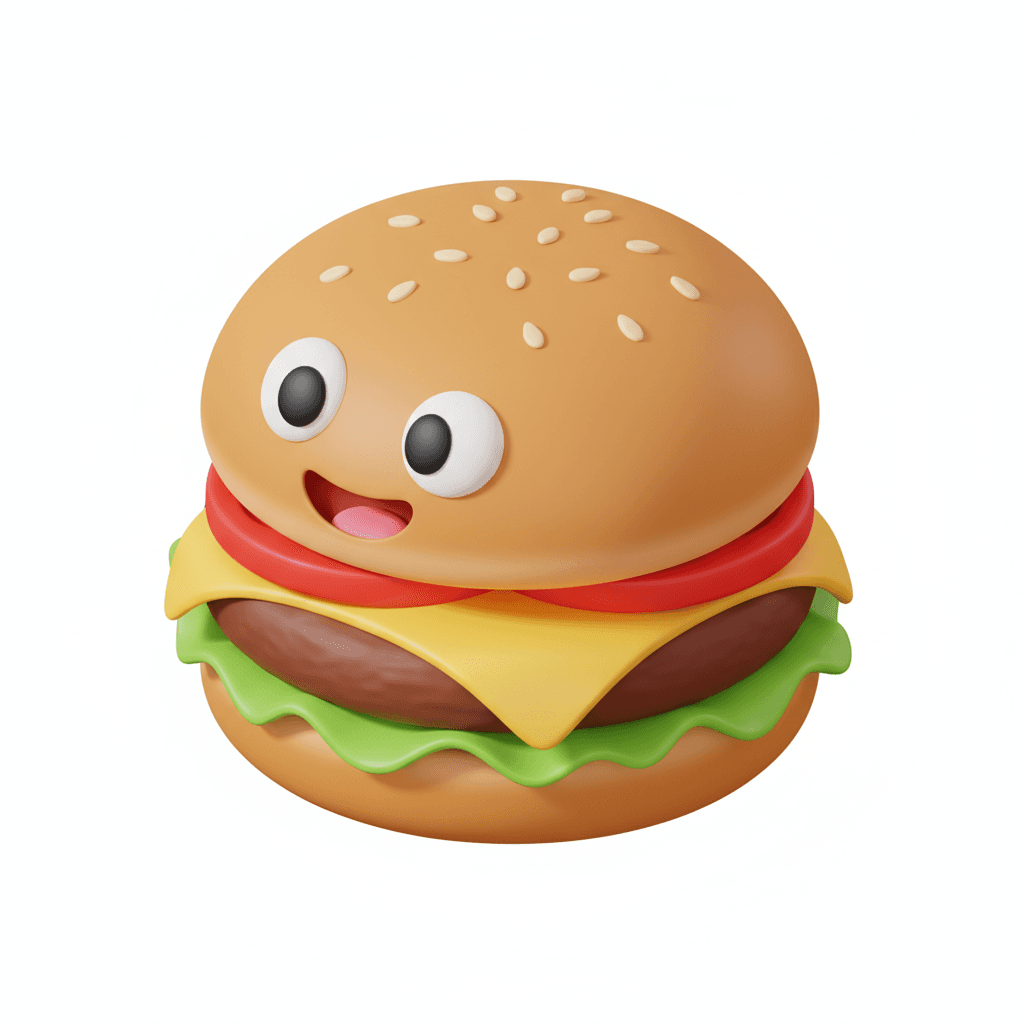 bold-colored isometric icon of a cartoon cheeseburger character with wide eyes and happy grin