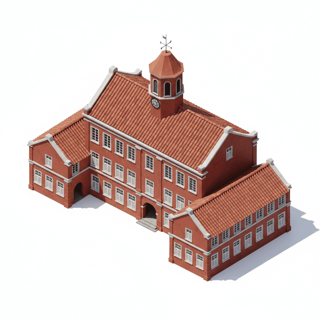 The Stadthuys in Melaka — a historical red colonial building with Dutch architecture, symmetrical windows, and slanted tiled roofs.