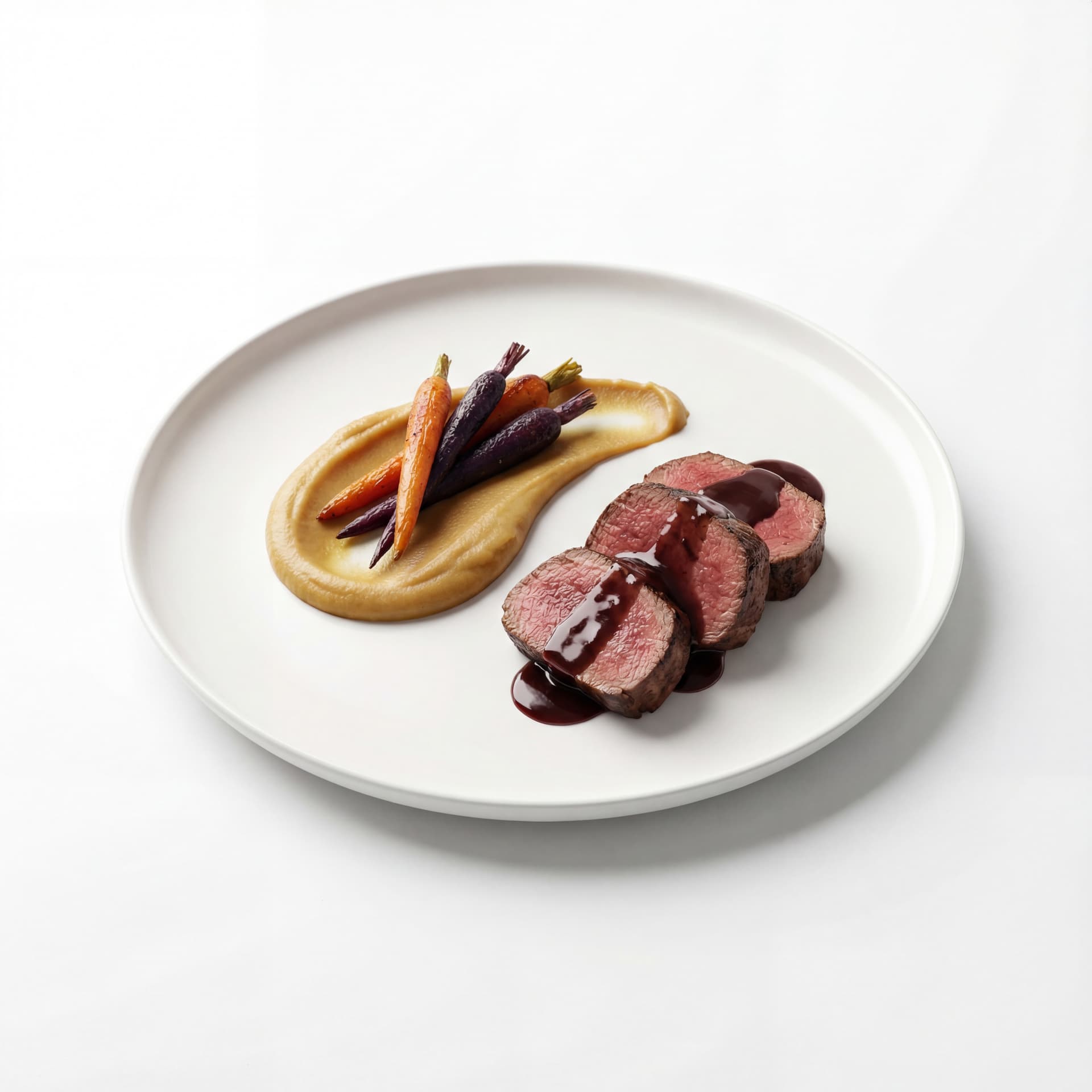 A fine-dining plate featuring seared filet mignon slices, red wine reduction sauce, roasted baby carrots, and a smooth potato purée smear.