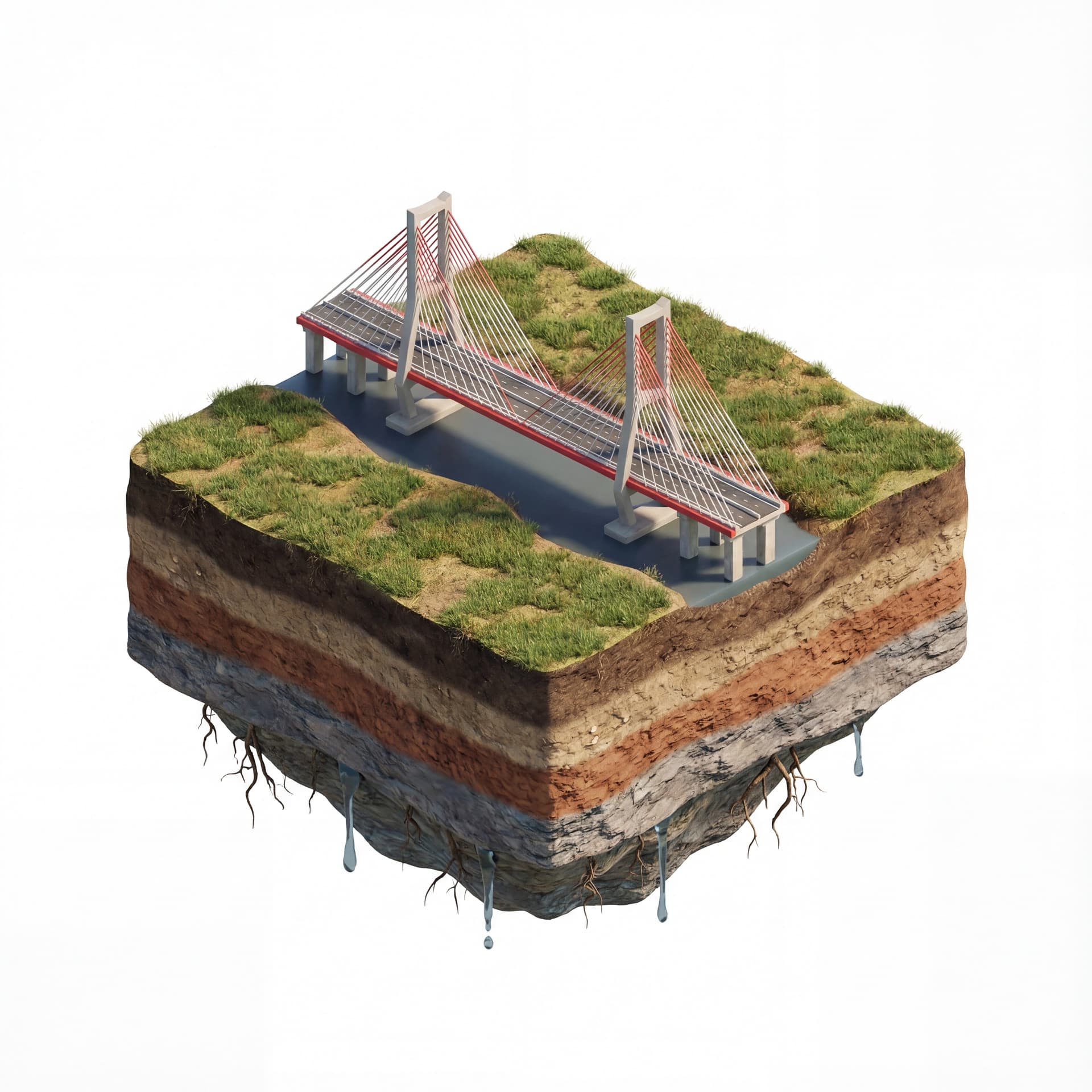 floating island base with layered soil + Suramadu Bridge