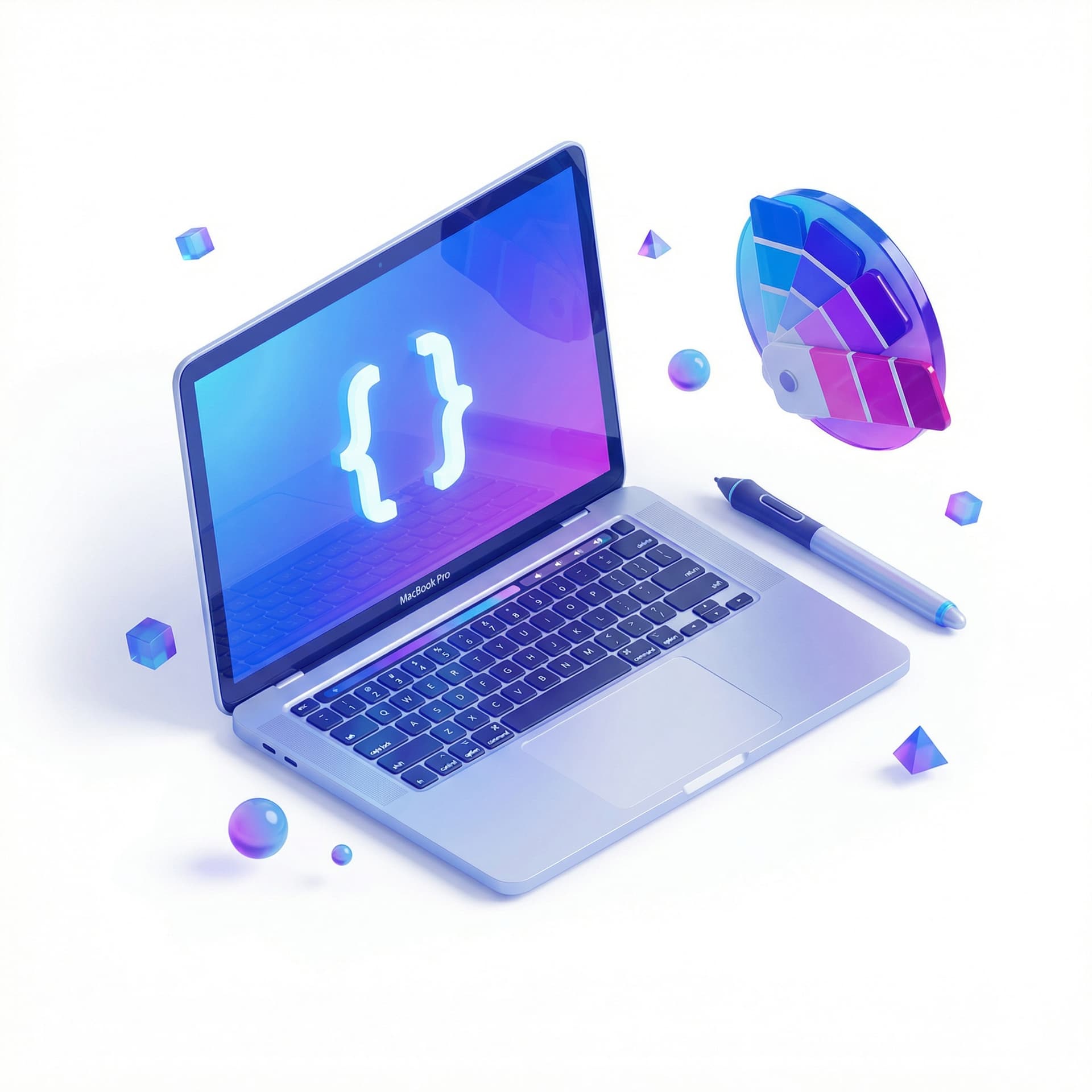Design isometric icons featuring a laptop with code brackets symbol on screen, next to design tools like a pen tool and color palette. Add small floating geometric shapes around them. Use vibrant blue and purple gradients with a glossy finish.
