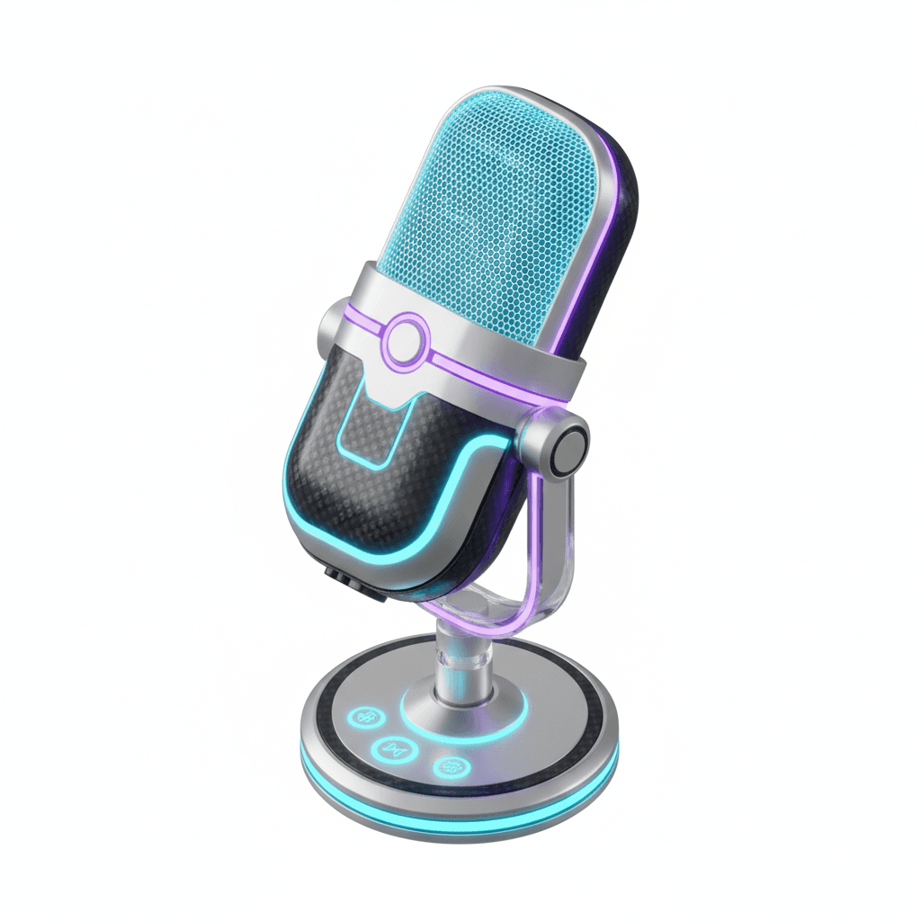 3d isometric icon of a futuristic podcast microphone, sleek sci-fi materials, neon accent lighting, perfect isometric projection, hyper-clean background, ultra-sharp details, premium microstock style
