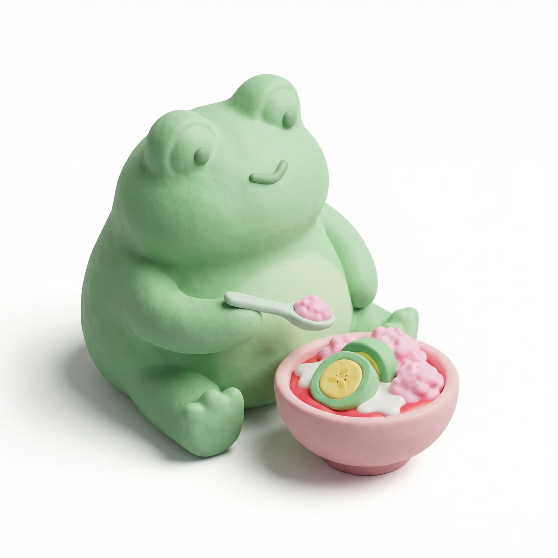 kodok makan es pisang ijo, warna pastel, 3D claymation style