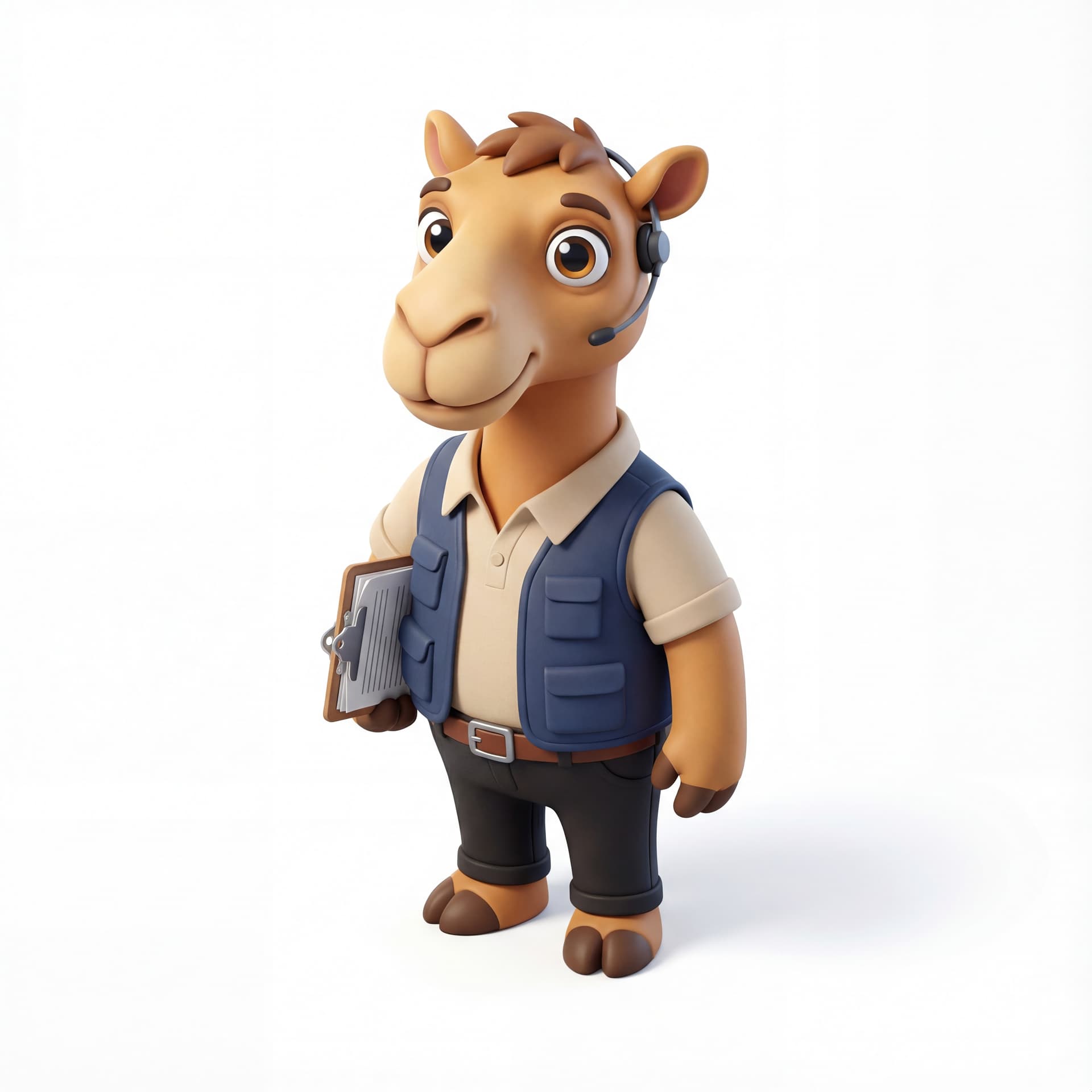 A cute cartoon camel mascot character dressed as a logistics planner, wearing a collared shirt and clipboard, full body, front-facing, rounded proportions, big expressive eyes, soft shading, calm professional smile, centered composition, isolated on a white background.