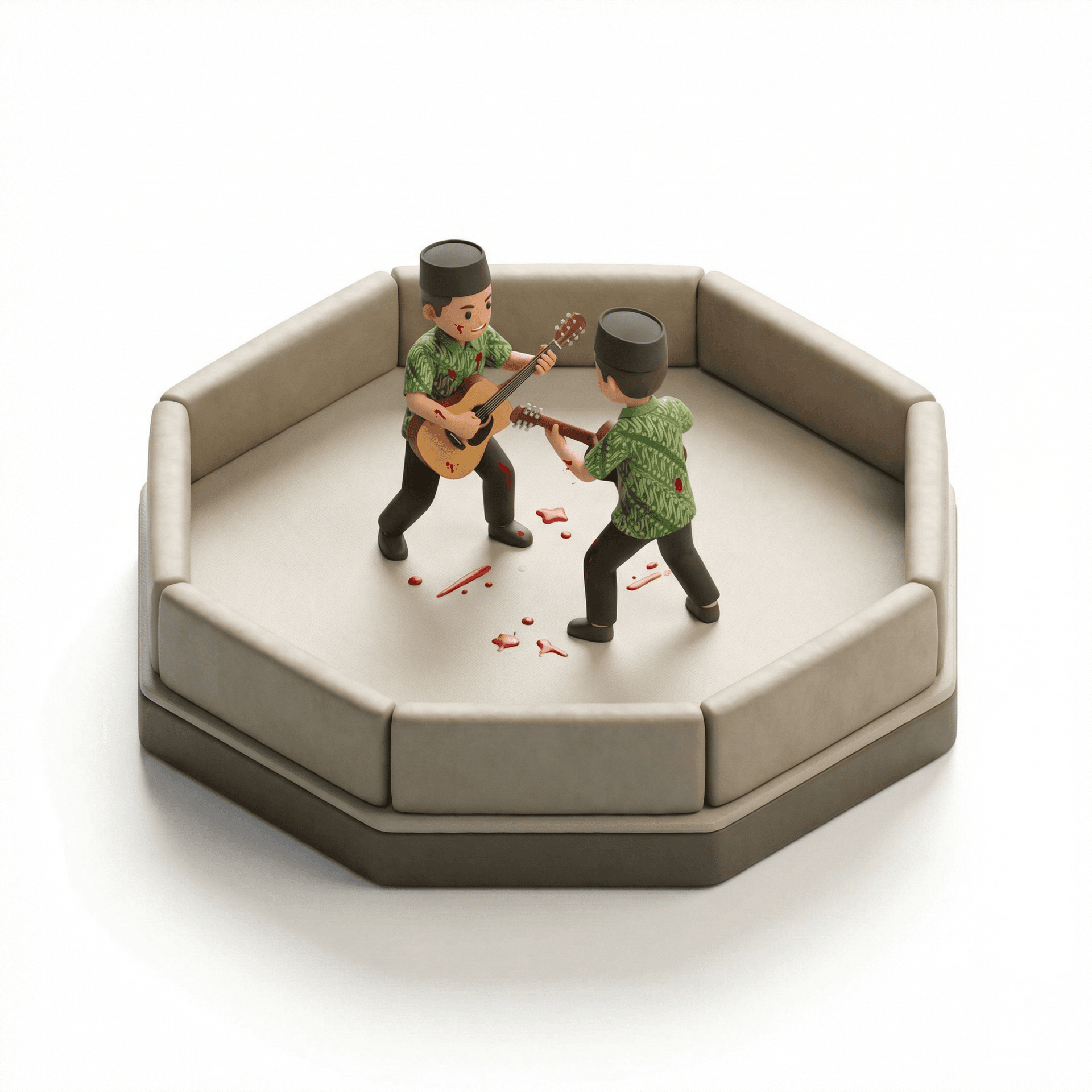 2 al azhar student wearing green batik in an octagon fighting blood running fighting with guitars